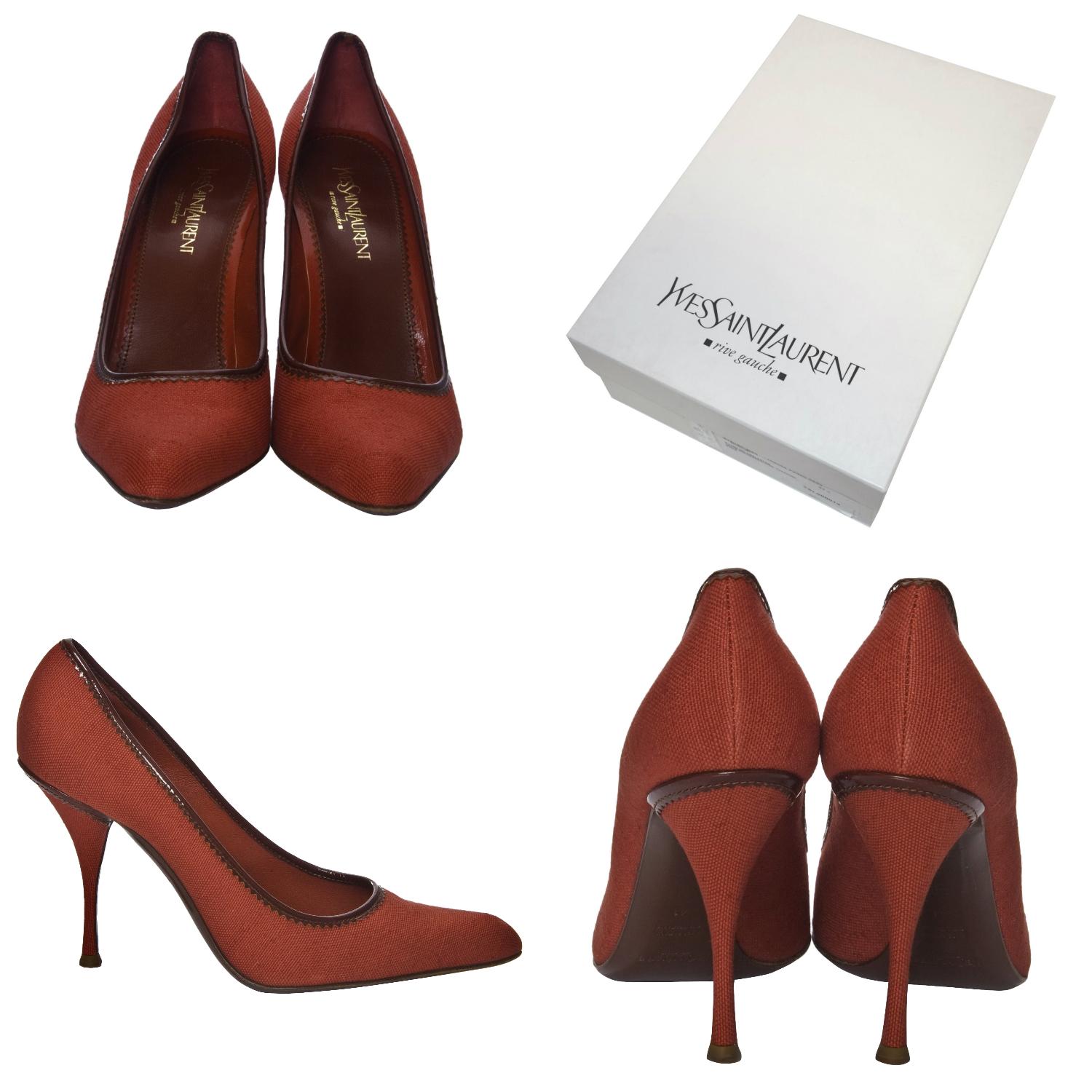 Tom Ford For YSL Heels

Worn Twice
* Rare Tom Ford Linen Heels 
* Beautiful Burnt Orange Linen
* Dark Red Brown Patent Piping
* Size Euro: 41 
* Uppers are Perfect
* Bottoms have a Bit of Scuffing  
* Leather Insole
* 4