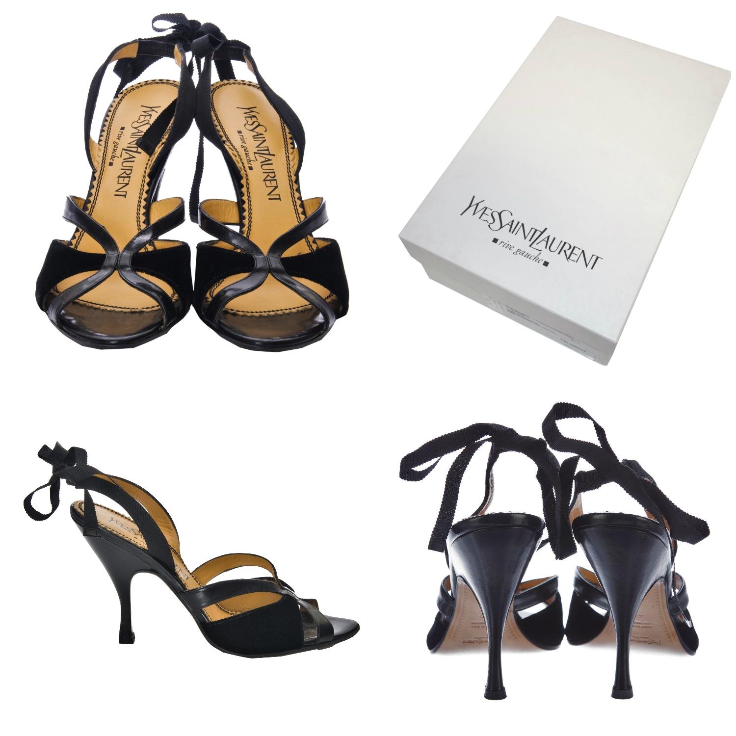 Tom Ford For YSL Heels
Brand New
* Stunning Black Leather & Velvet
* Tom Ford's Final Years w/ YSL
* Euro Size: 36.5 
* Ribbon Can be Tied Around Ankle or Accented at Back
* Leather Insole 
* Velvet & Leather Toe 
* 3.5