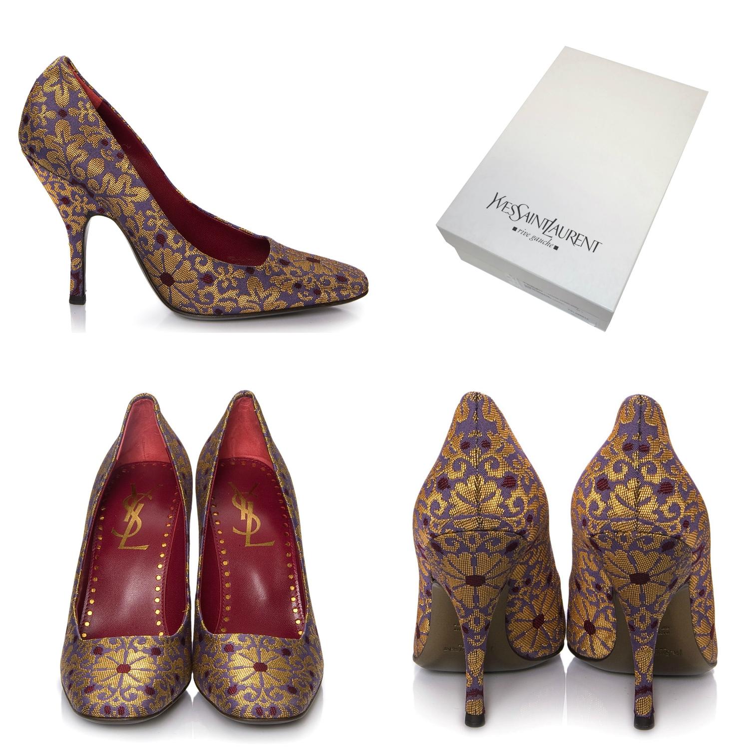 Tom Ford For YSL Heels
Brand New
* Stunning Brocade Heels
* Tom Ford's Final Years w/ YSL
* Red Interior
* Purples and Golds
* Leather Insole 
* Pointed Toe 
* 4