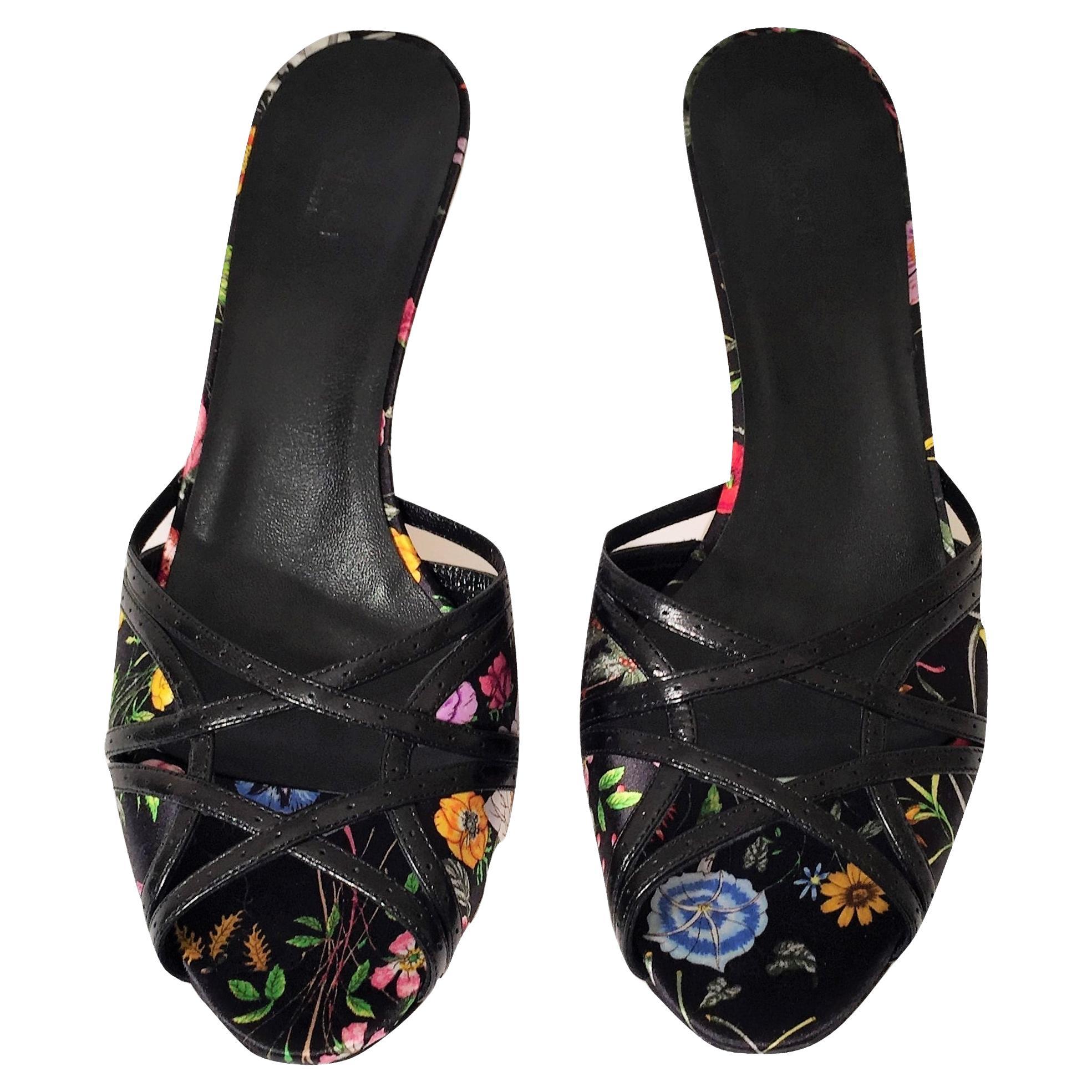 New Gucci Leather and Satin Flora Heels Slides Mules Sz 9.5
