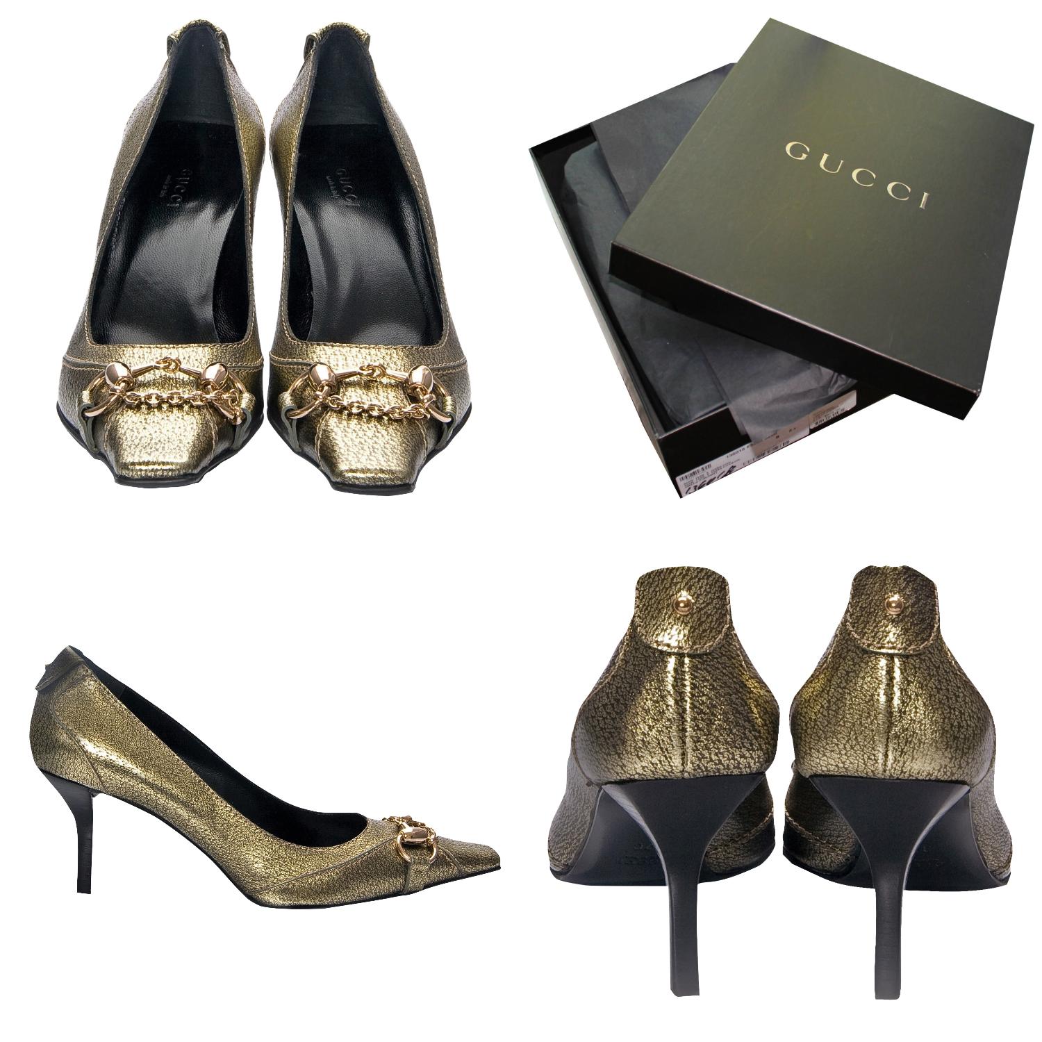 Gucci Horsebit Pumps
Brand New
* Square Toe Pumps
* Gold Horsebit Toe
* Gold Leather
* Leather Footbed
* Leather Heal
* 3