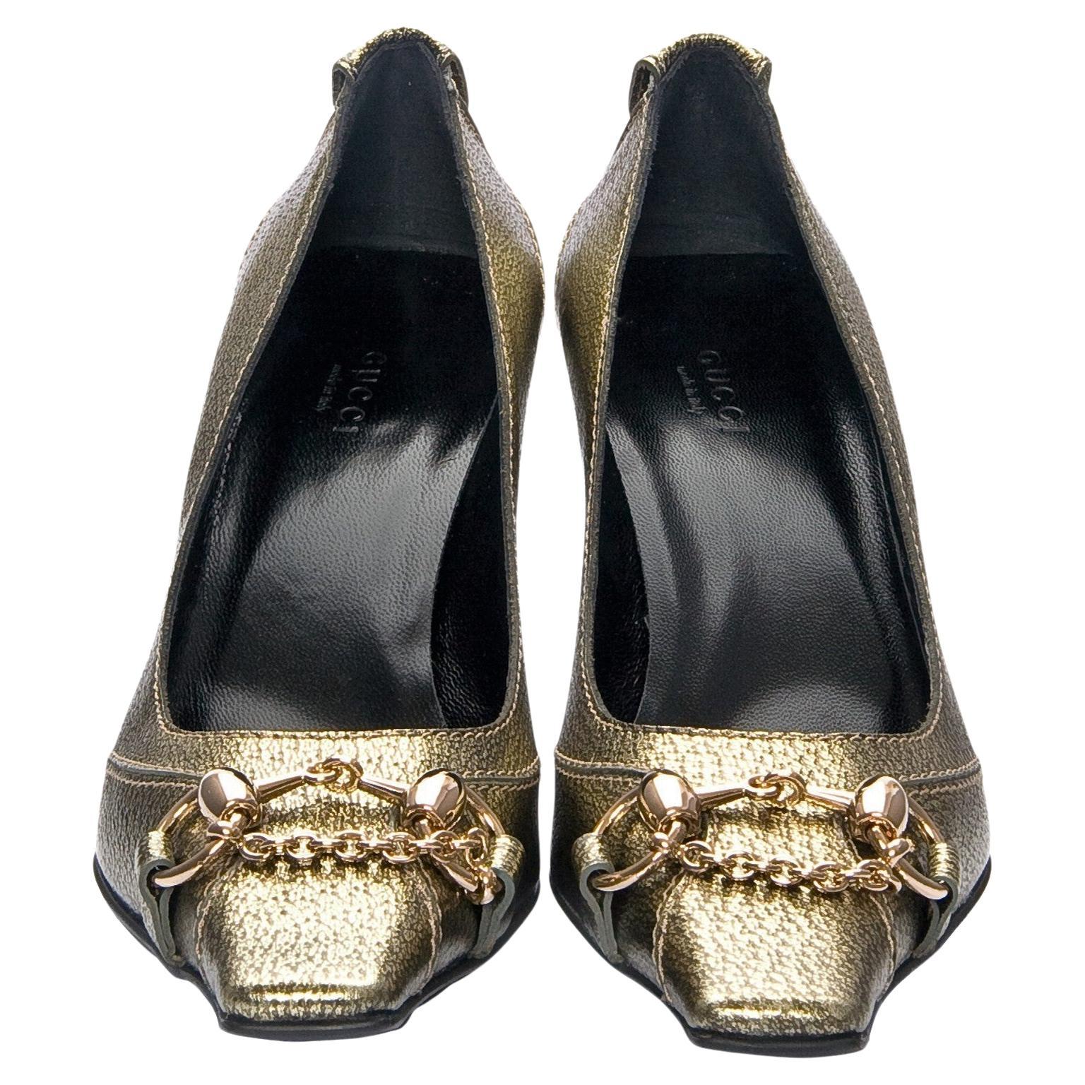 Neu Gucci Gold Horsebit Pumps Laufsteg Heels mit Absatz Gr. 37