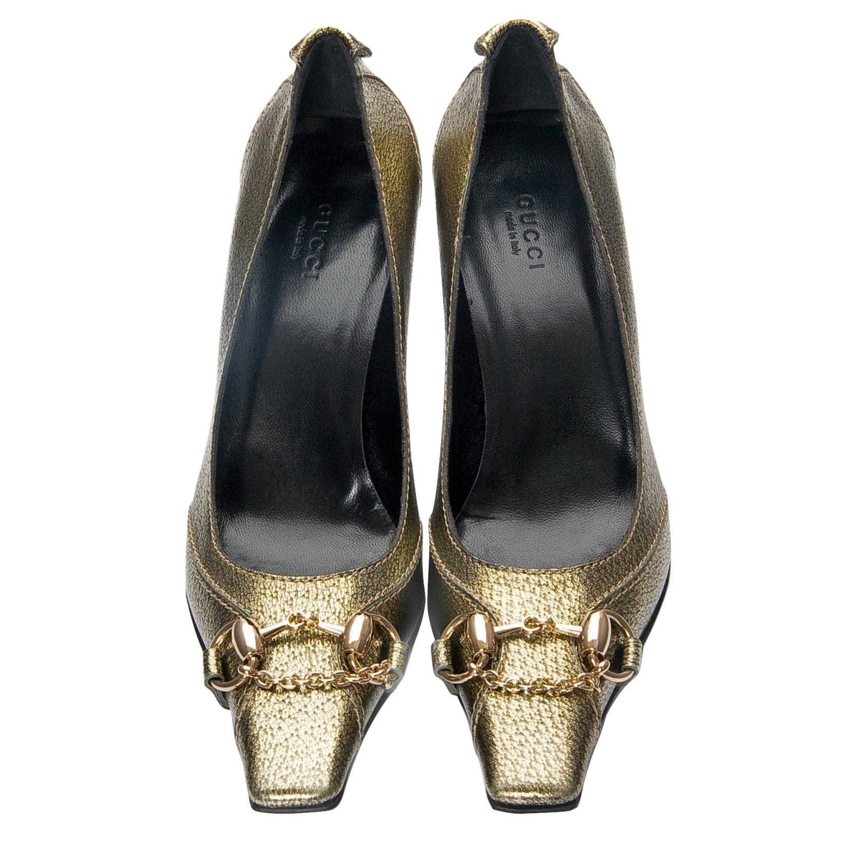 New Gucci Gold Horsebit Pumps Runway Heels Sz 36.5 at 1stDibs