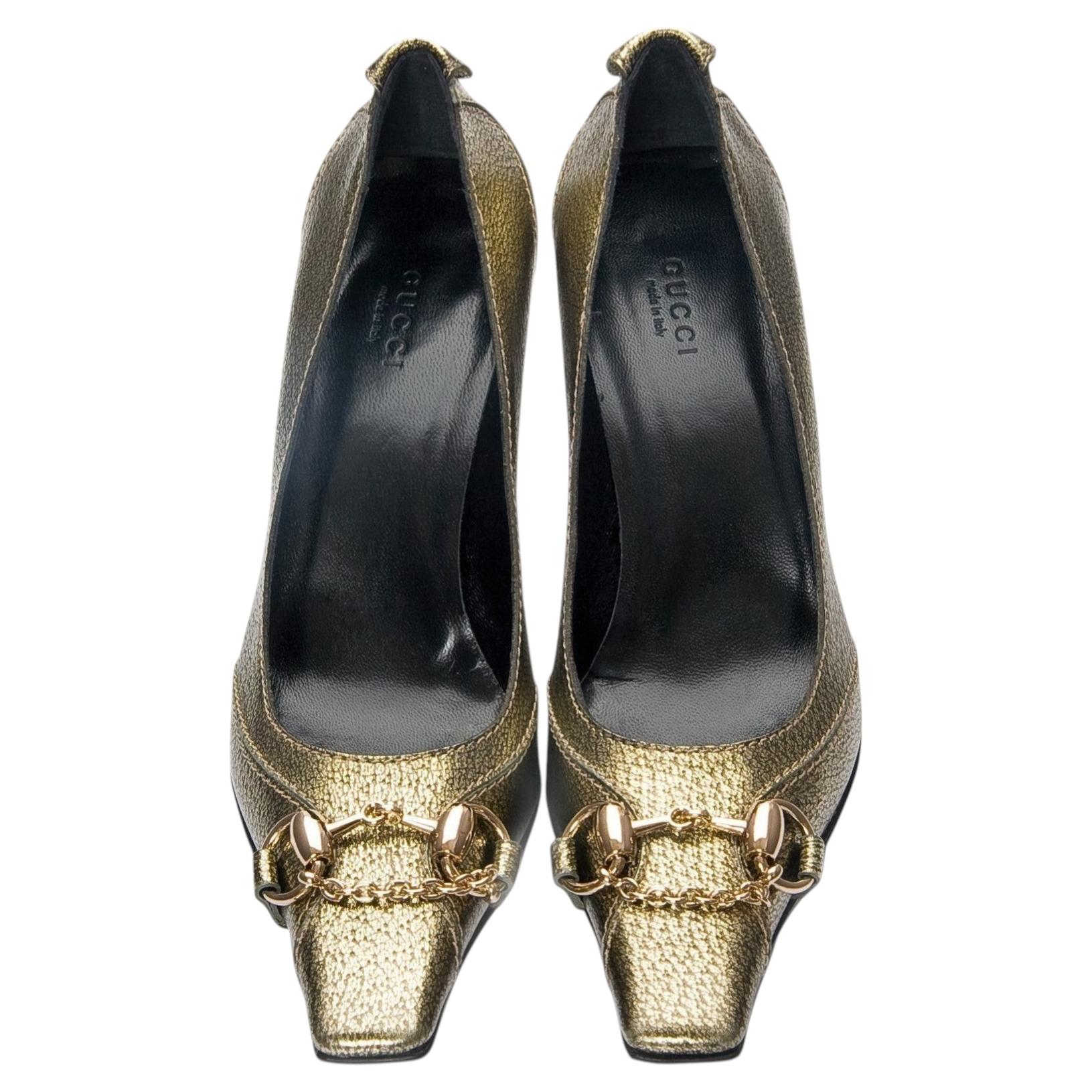 New Gucci Gold Horsebit Pumps Runway Heels Sz 36.5