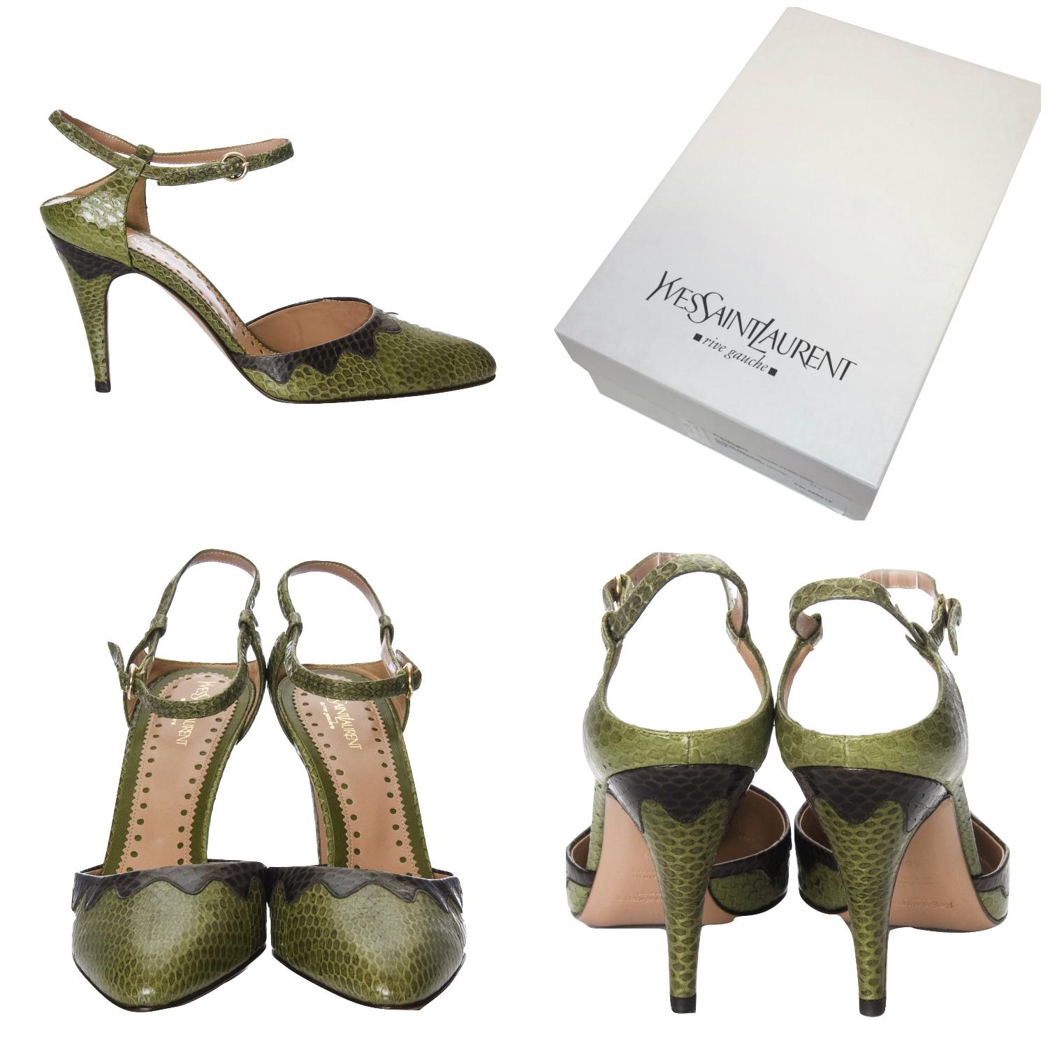 Yves Saint Laurent Heels
Stunning Olive & Brown Snakeskin
* Rare Tom Ford Era   
* Pointed Toe & Heel 
* Leather Insole 
* Unique Open Heel Back
* 3.5