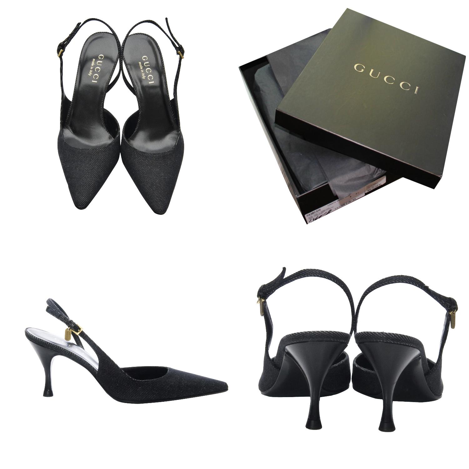Gucci Cruise Denim Heels

Brand New
* Cruise Line 2003
* Size: 36.5
* Soft Black Brushed Cotton
* Gold Cruise Dangle Charm
* Leather Footbed
* Adjustable Ankle Strap
* 3.25