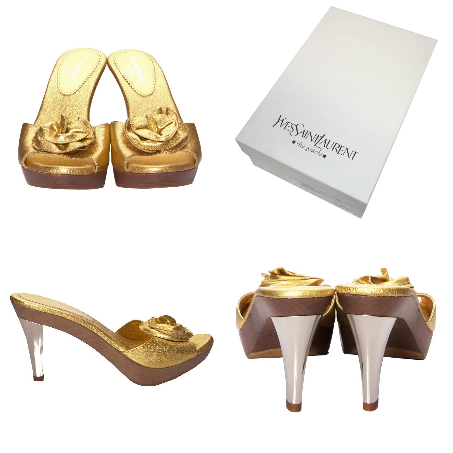 Tom Ford For YSL Heels
Brand New
* Nadja Rosette Heels to match the Famous Nadja Bags!  
This was his last collection for Yves Saint Laurent. He was inspired by the Chinese Collection of 1977
* Gold Heel
* Size: 40 
* Gold Foil Leather
* Leather