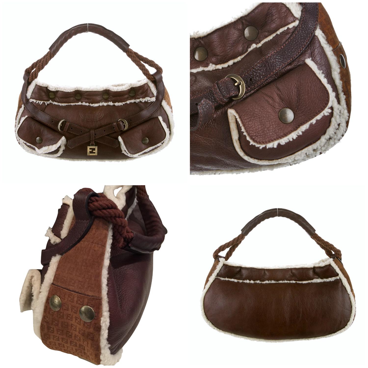 Rare Fendi Shearling Aspen Bag
Brand New
* Stunning Rare Shearling Bag 
* Rich Soft Chocolate Brown
* Full Shearling Lining and Piping
* Rope Braided & Leather Strap
* Two Front Snap Shearling Lined Pockets
* Aged Brass Hardware
* Dangle FF Aged