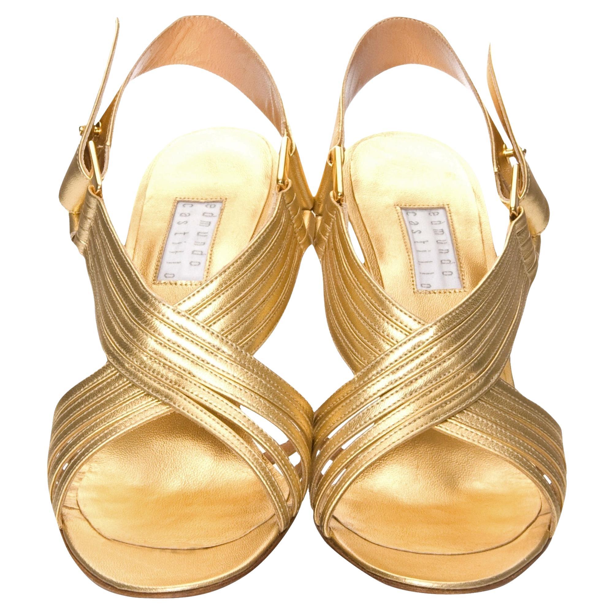 New Edmundo Castillo Metallic Gold Soft Napa Leather Sling Heels Sz 7