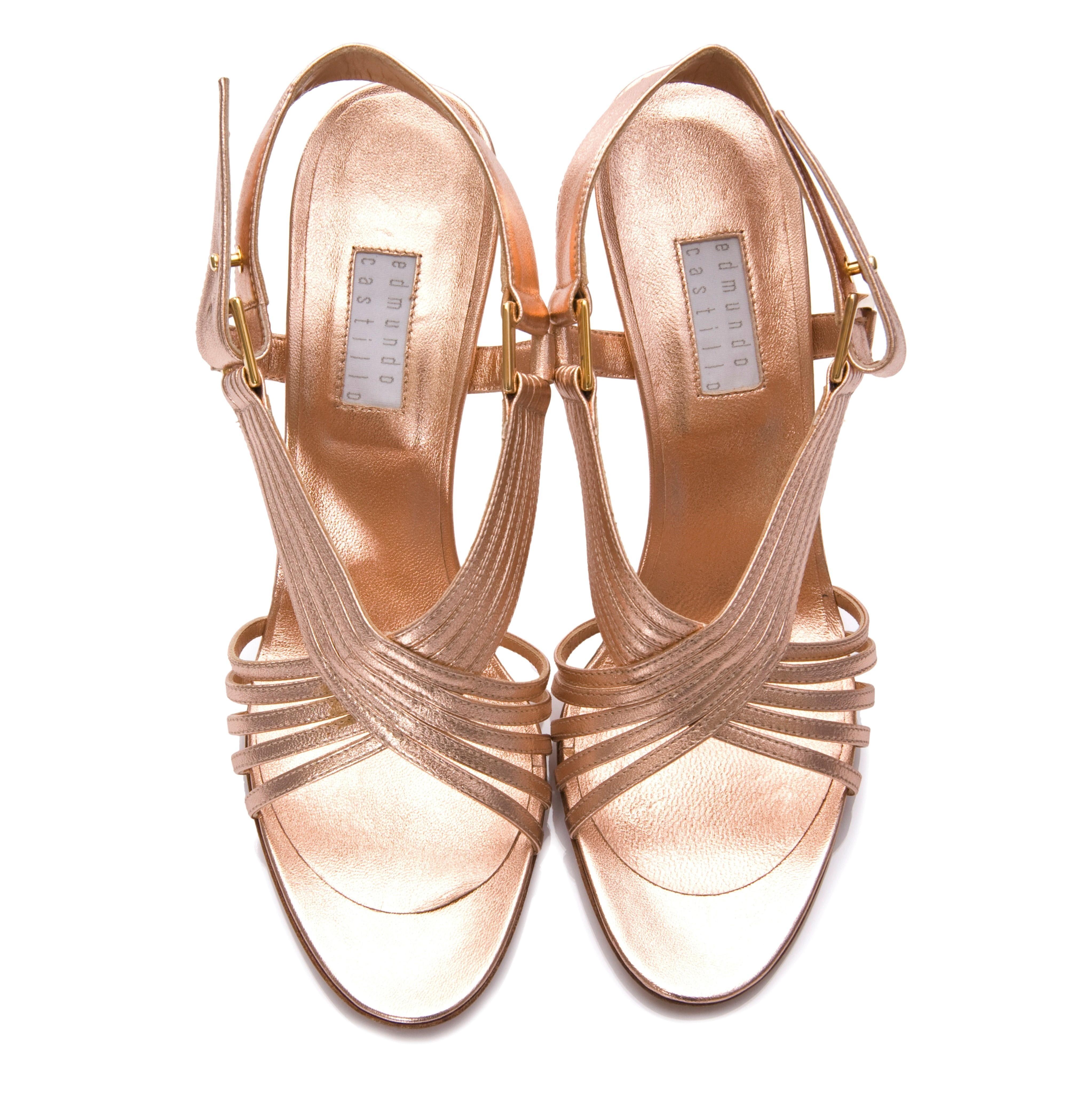 New Edmundo Castillo Soft Metallic Rose Gold Napa Leather Sling Heels Sz 8 1