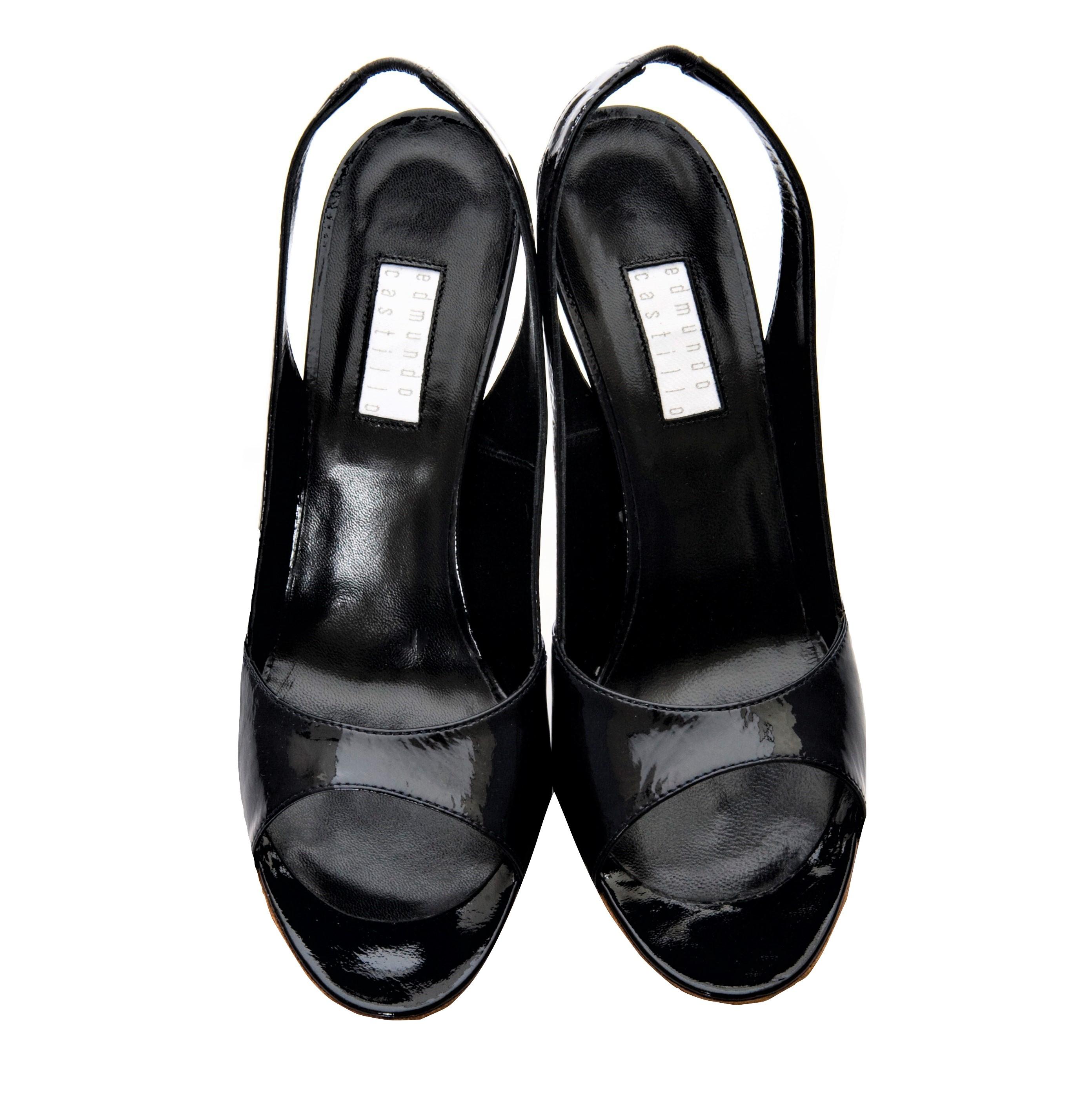 New Edmundo Castillo Black Patent Leather Sling Heels Sz 7 2