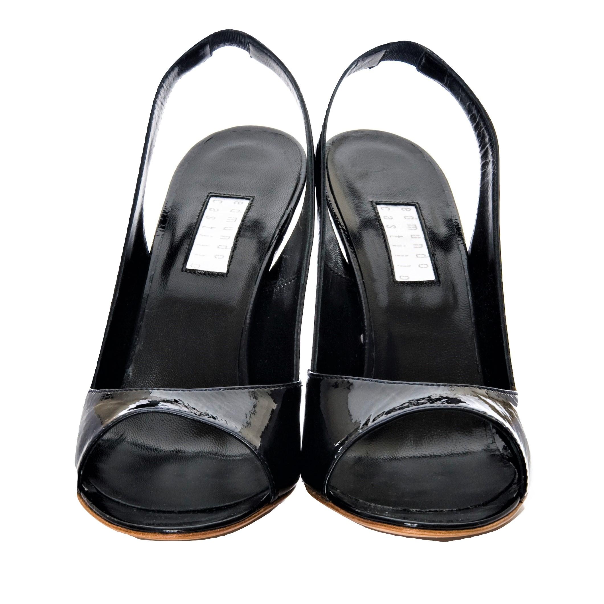 New Edmundo Castillo Black Patent Leather Sling Heels Sz 7.5 In New Condition In Leesburg, VA