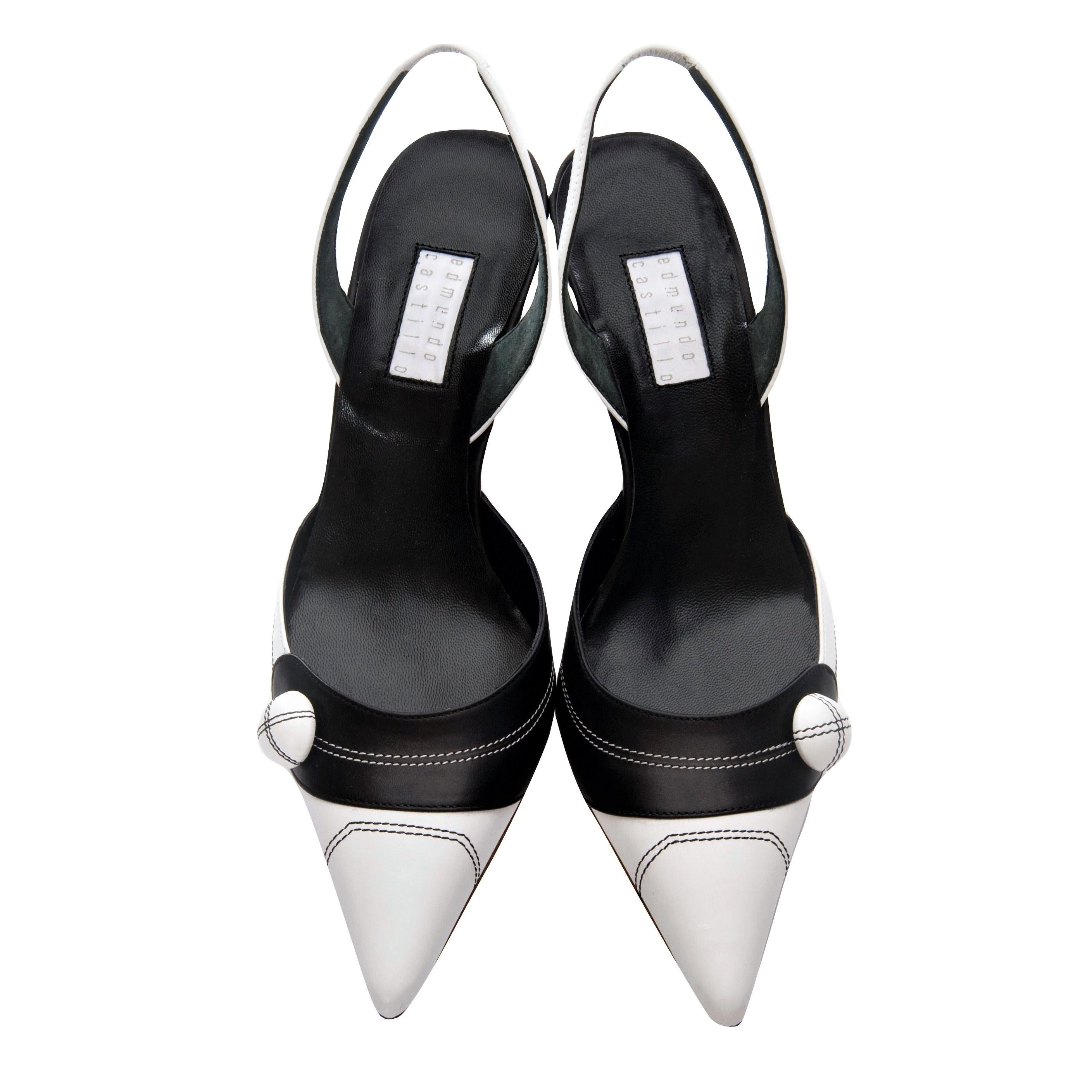 Women's New Edmundo Castillo Black & White Leather Slingback Heels Sz 7