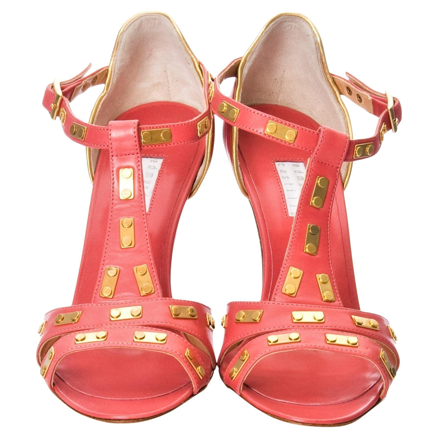 Nuevos tacones Edmundo Castillo de piel coral y metal dorado Sz 7 en venta