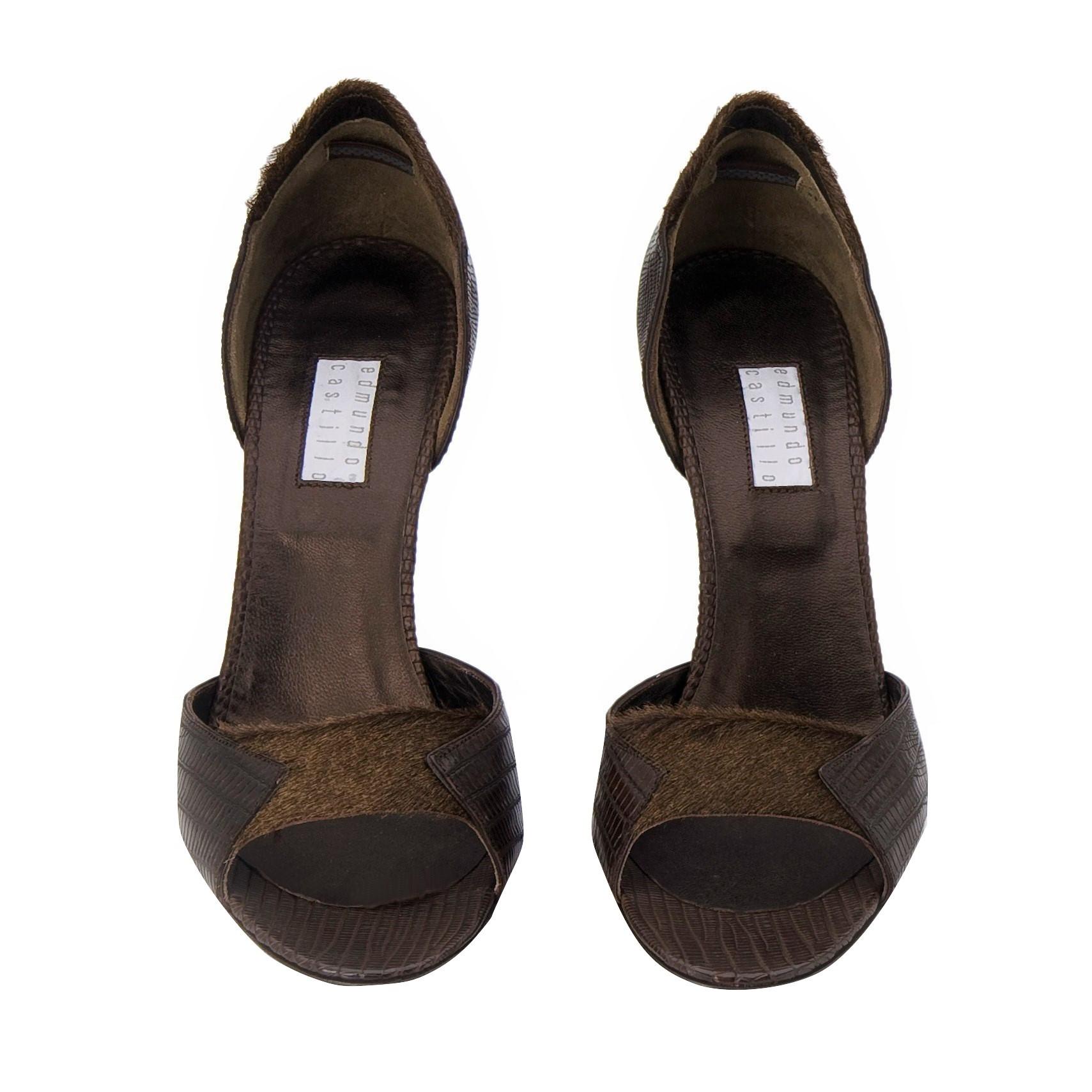Black New Edmundo Castillo Brown Lizard and Fur Heels 8 For Sale
