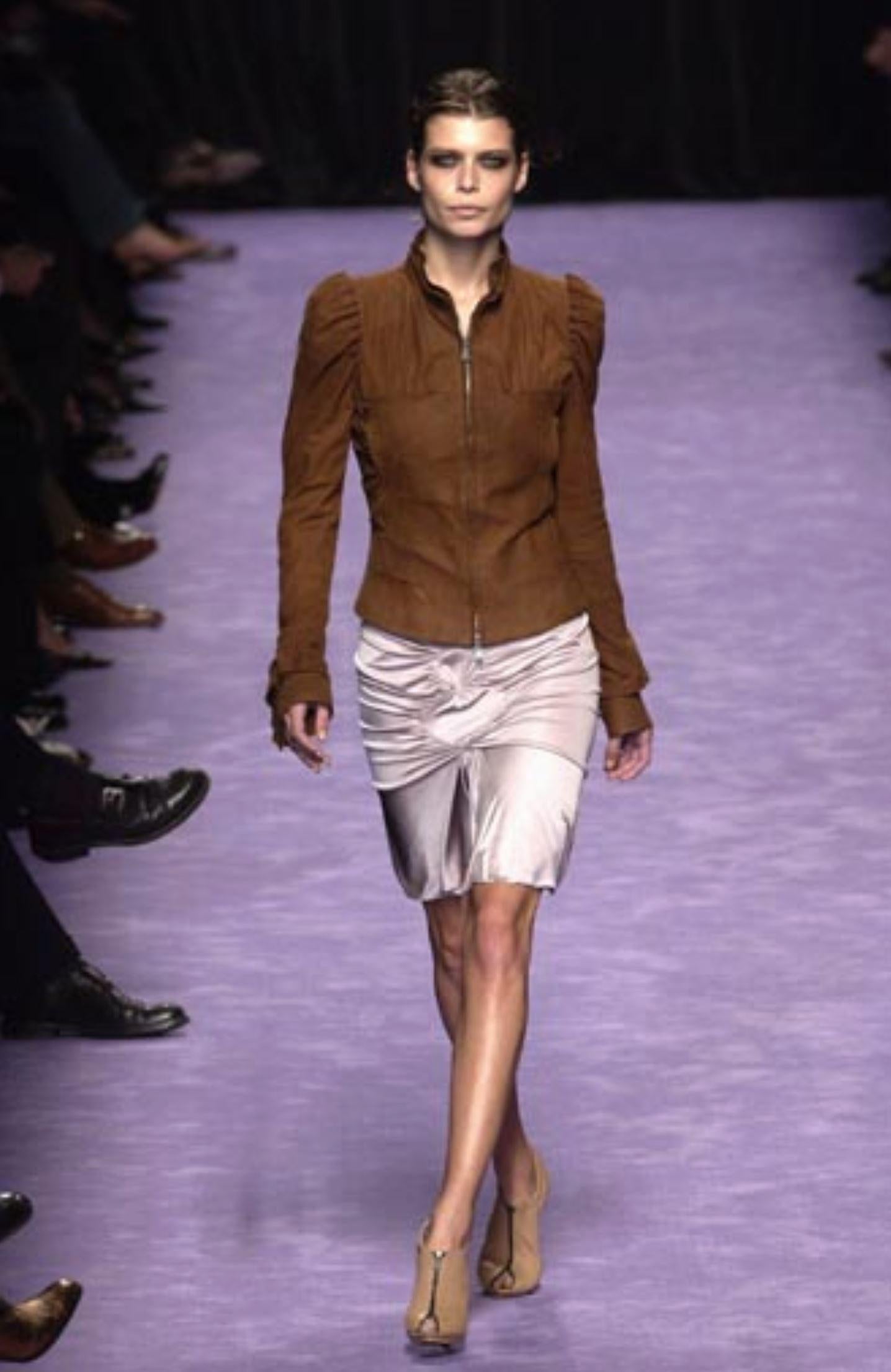 Tom Ford For Yves Saint Laurent
Size: S/M  US4, FR38

Chocolate Brown Suede Jacket
Spring/Summer 2003 Runway Collection
Amazing attention to detail
Ruffled Shoulders 
Stand Up Collar 
Silk Lined
Zips up the Front
Hidden Button and Exposed Silk at