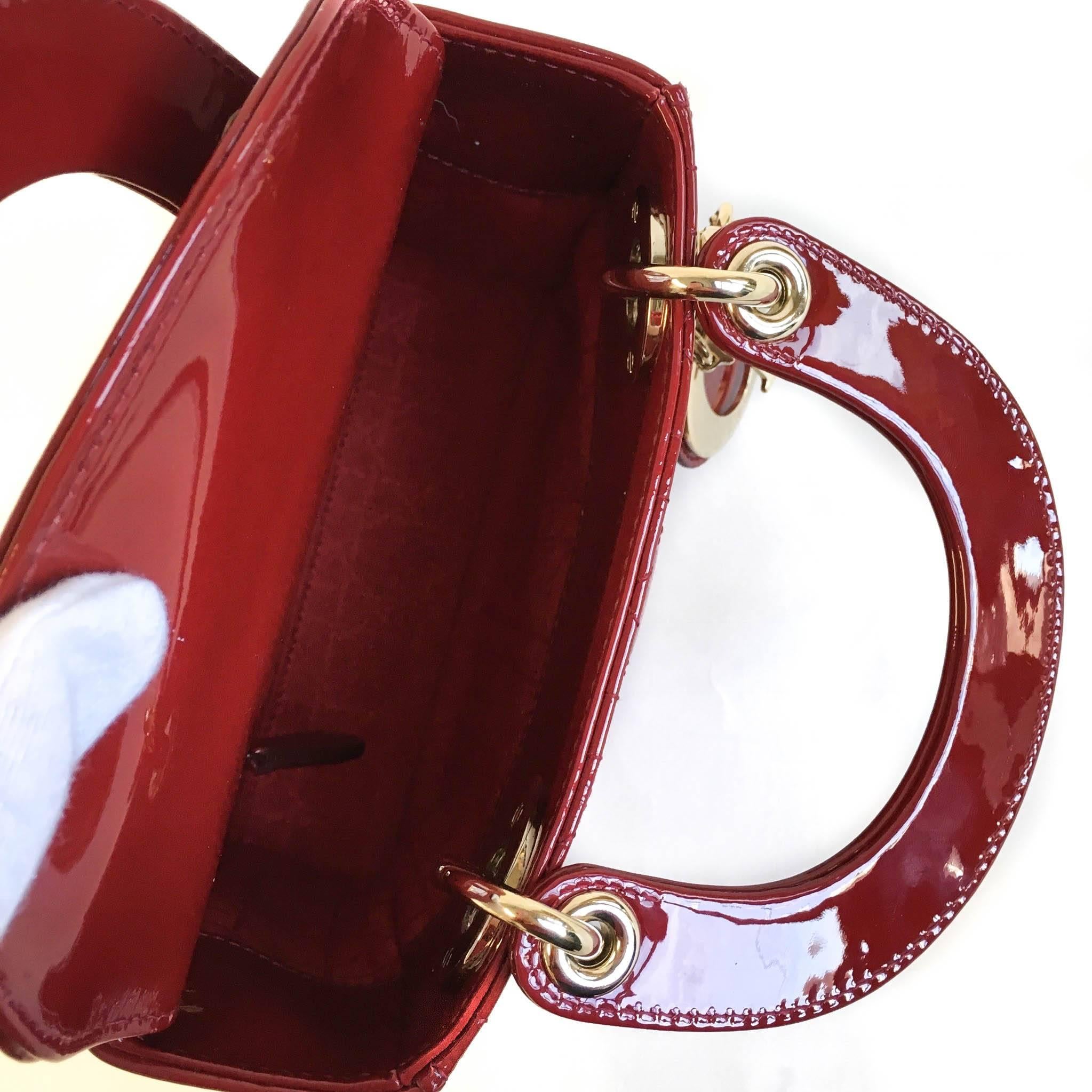 Christian Dior Lady Dior Red Patent Leather Gold Hardware Mini handbag For Sale 5