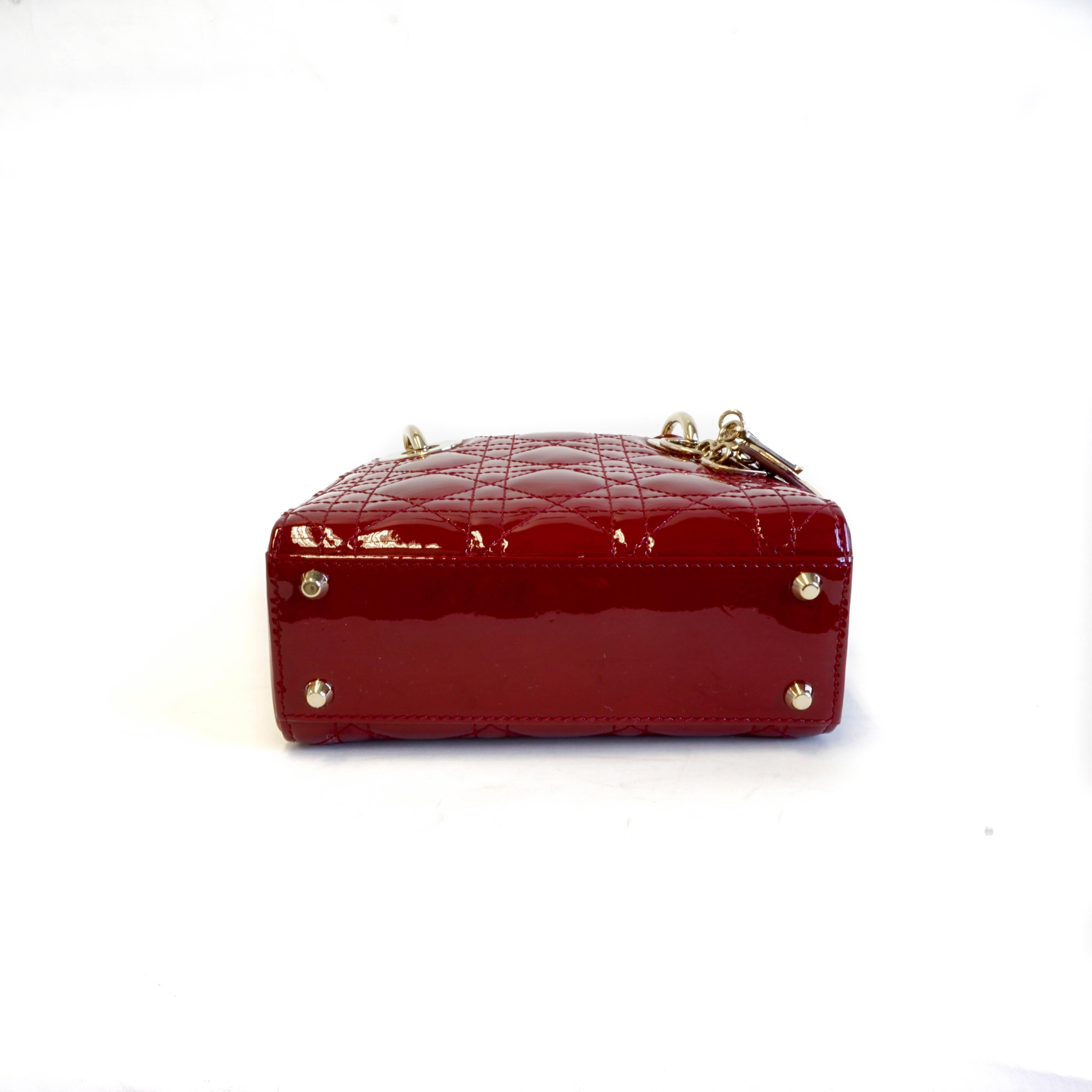 Christian Dior Lady Dior Red Patent Leather Gold Hardware Mini handbag  For Sale 2