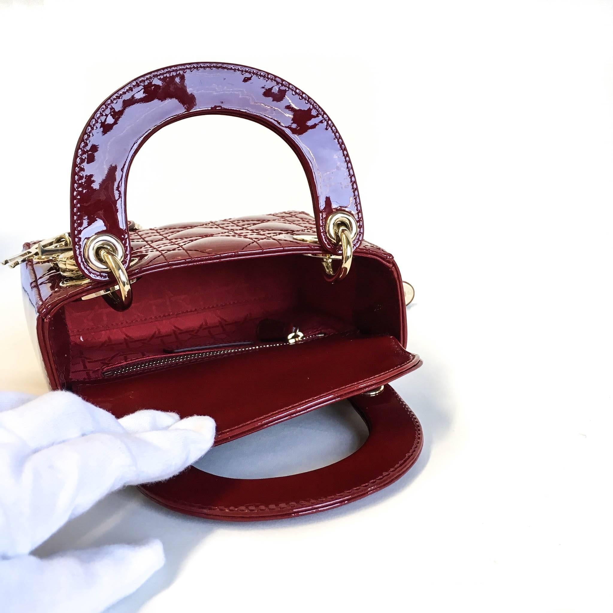 Christian Dior Lady Dior Red Patent Leather Gold Hardware Mini handbag  For Sale 4