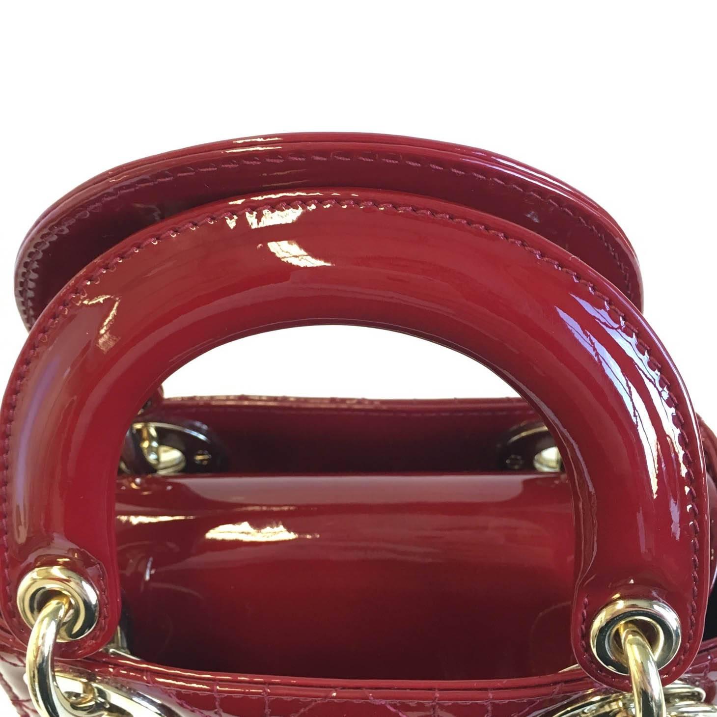 Christian Dior Lady Dior Red Patent Leather Gold Hardware Mini handbag  For Sale 3