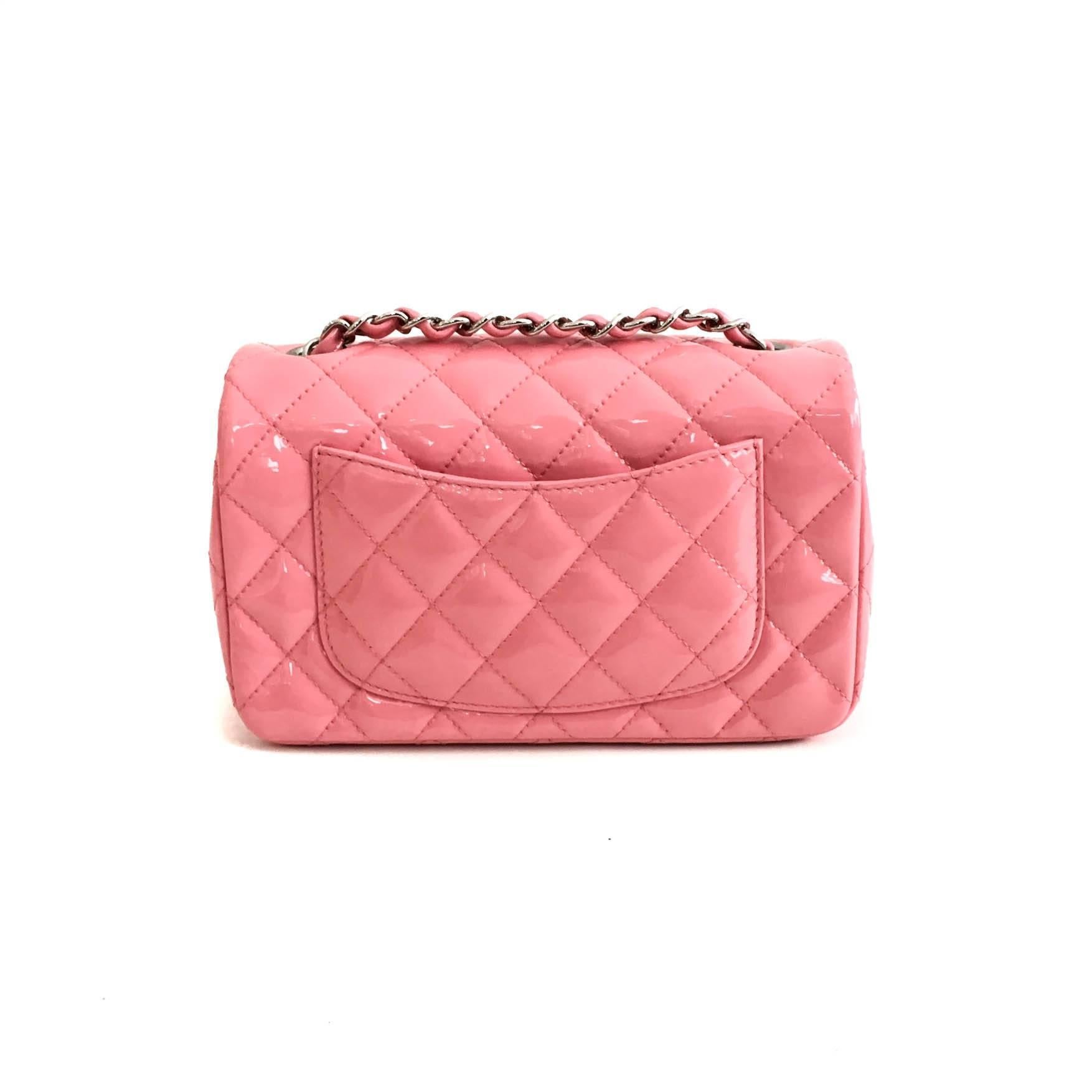 Pink Chanel Mini rectangle crossbody Flap Bag in pink quilted patent leather For Sale