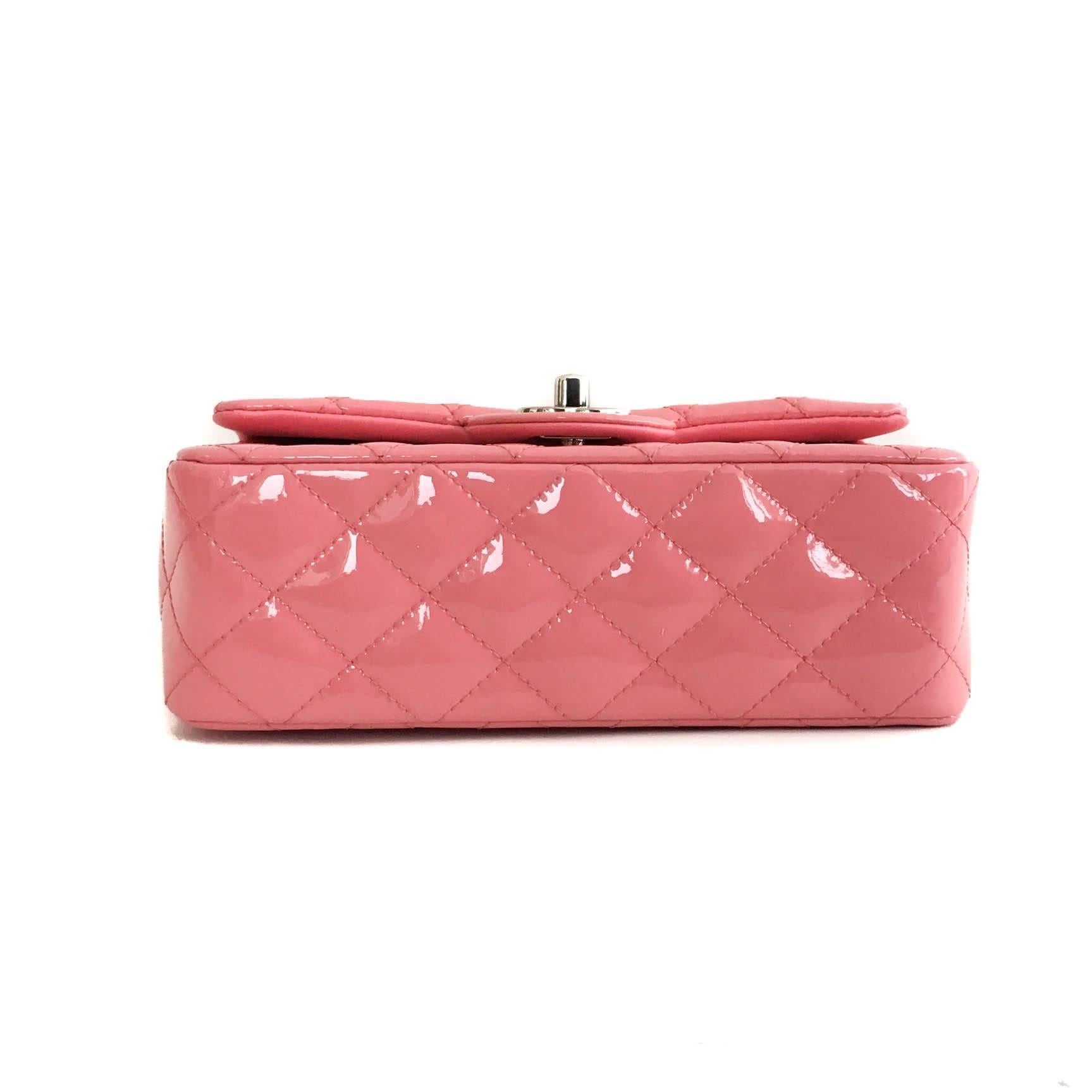 Chanel Mini rectangle crossbody Flap Bag in pink quilted patent leather For Sale 1