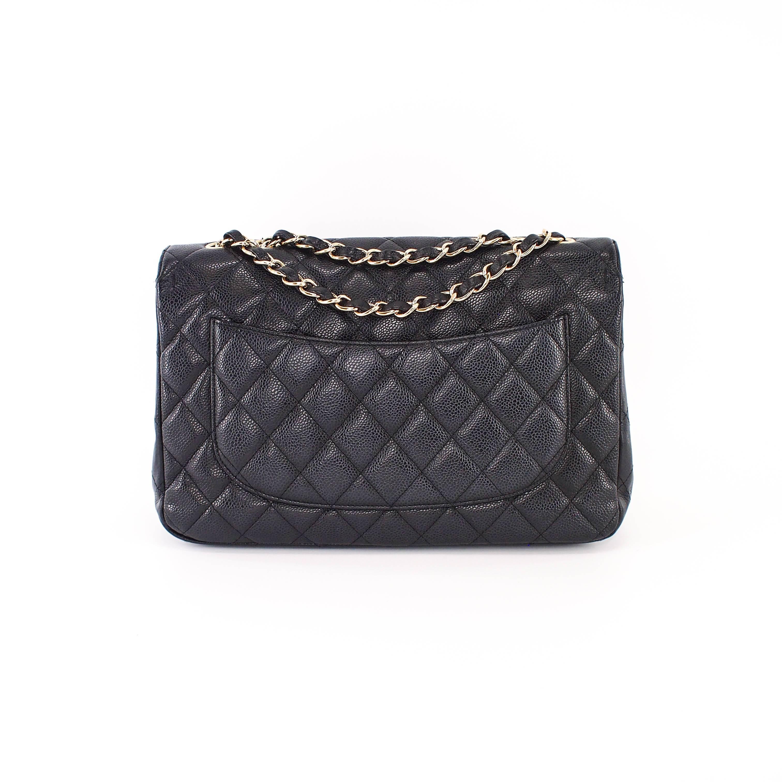 Black Chanel Single Flap Jumbo caviar leather black with ghw For Sale
