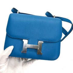 Hermes Cross body Handbag Constance 18 in Bleu Zanzibar with Palladium Hardware