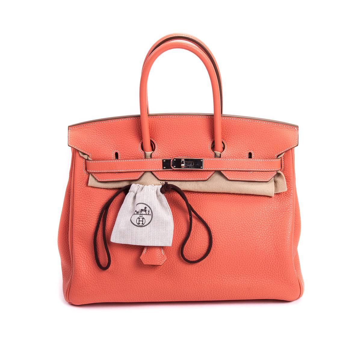 Hermes Birkin Handbag 35 in Crevette Clemence Leather with Palladium  In Excellent Condition For Sale In Toronto, Ontario