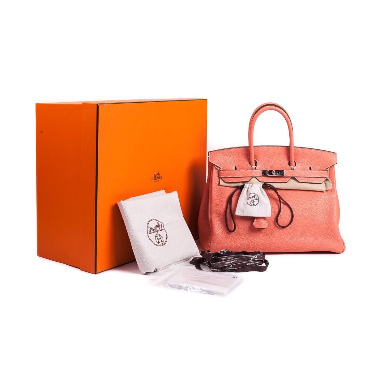 Orange Hermes Birkin Handbag 35 in Crevette Clemence Leather with Palladium  For Sale