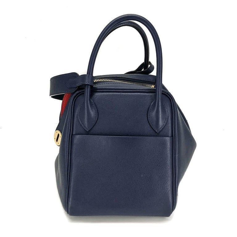 Hermes Handbag Lindy 30 Blue Nuit with Rouge Tomate Interior Gold