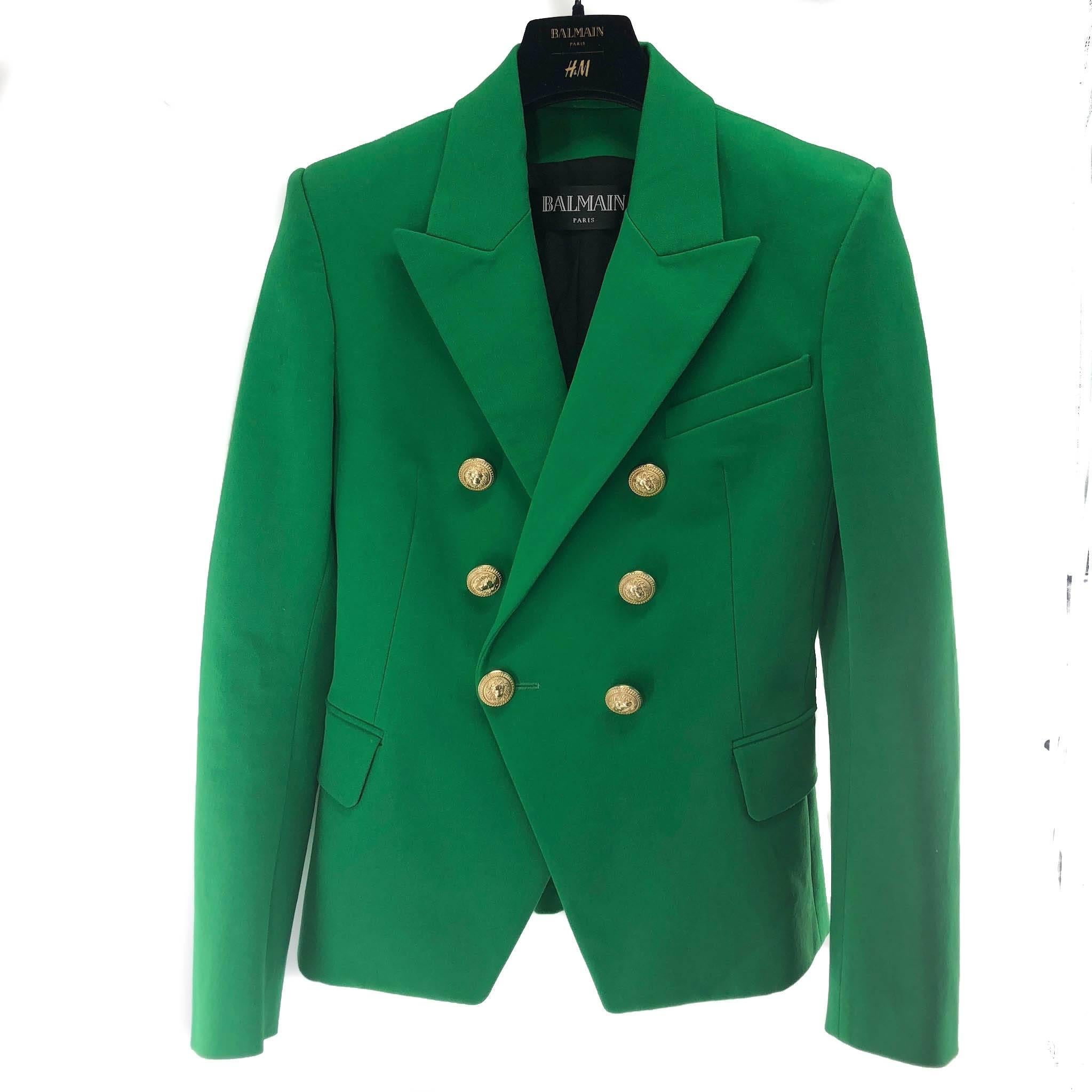 Balmain Emerald Green Blazer with Gold Buttons For Sale