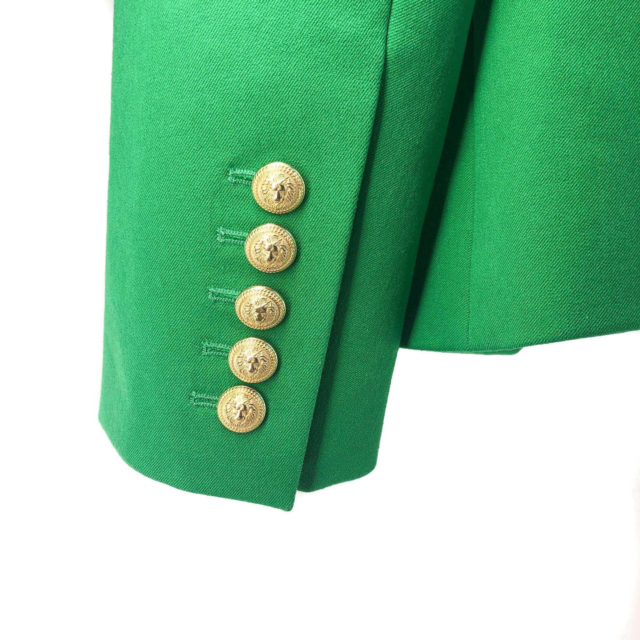 Balmain Emerald Green Blazer with Gold Buttons In Excellent Condition For Sale In Toronto, Ontario