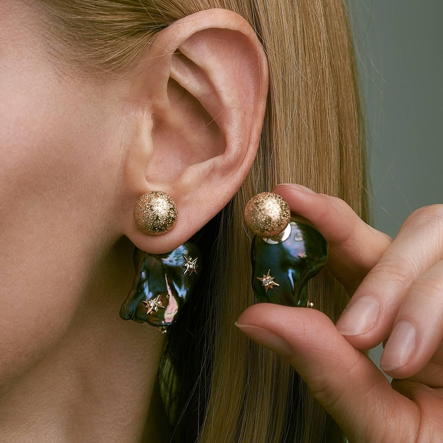 Women's Rock Lily ( NEW ) Cultured Baroque Pearl 14K Rose 3 Stars Diamond Stud Earrings For Sale