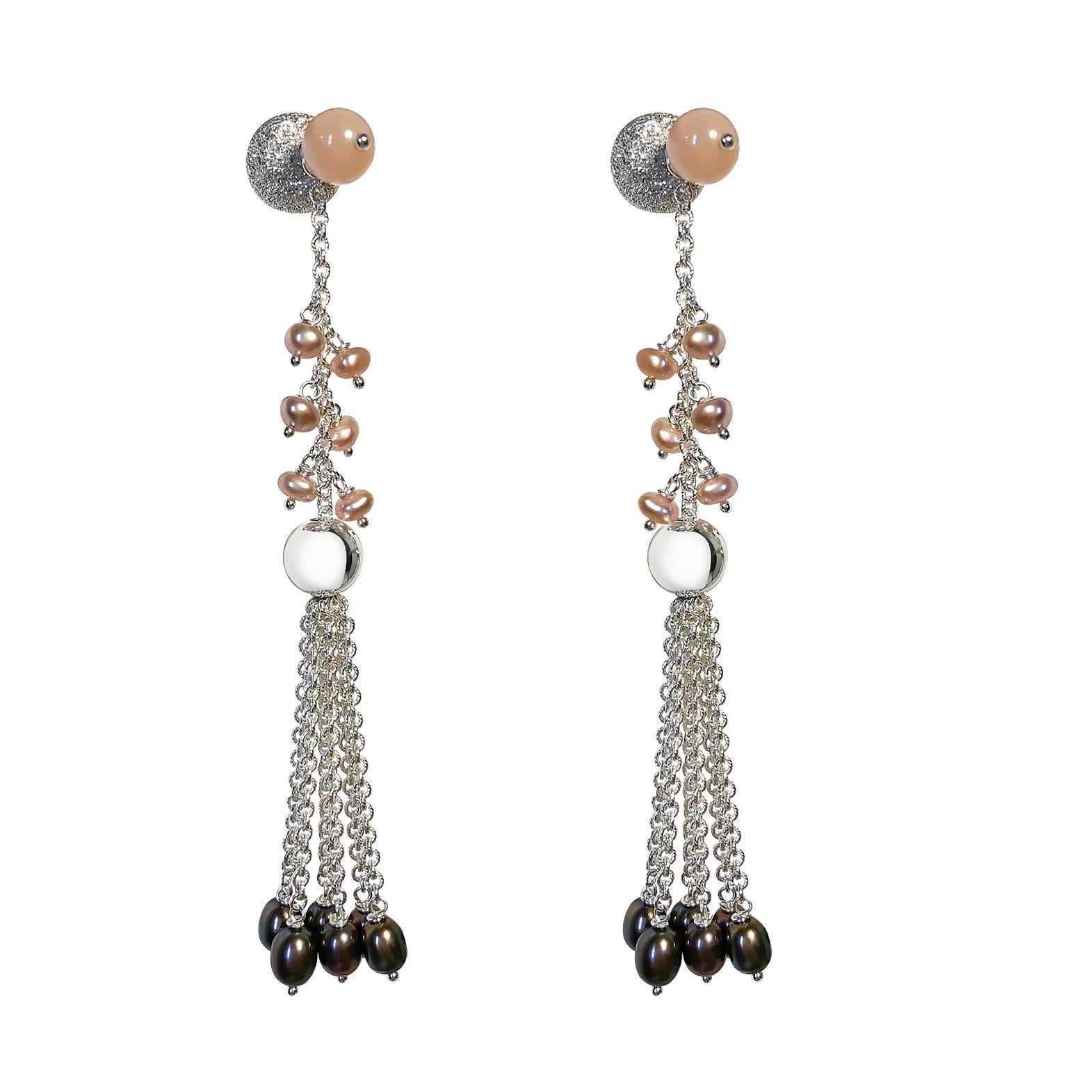 Rock Lily ( NEW )Cultured Pearl & Moonstone Detachable Tassel Stud Drop Earrings For Sale