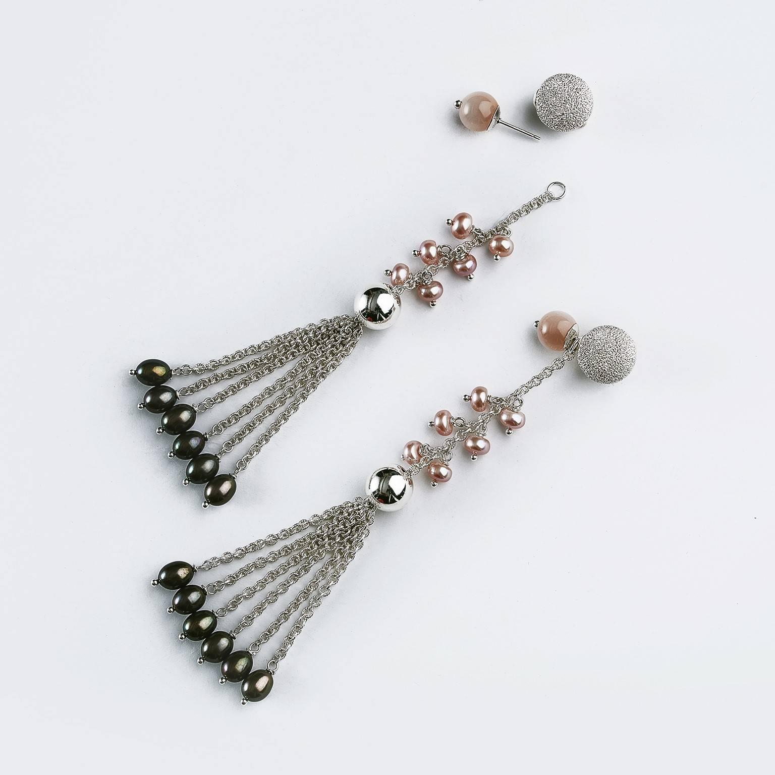 Contemporary Rock Lily ( NEW )Cultured Pearl & Moonstone Detachable Tassel Stud Drop Earrings For Sale