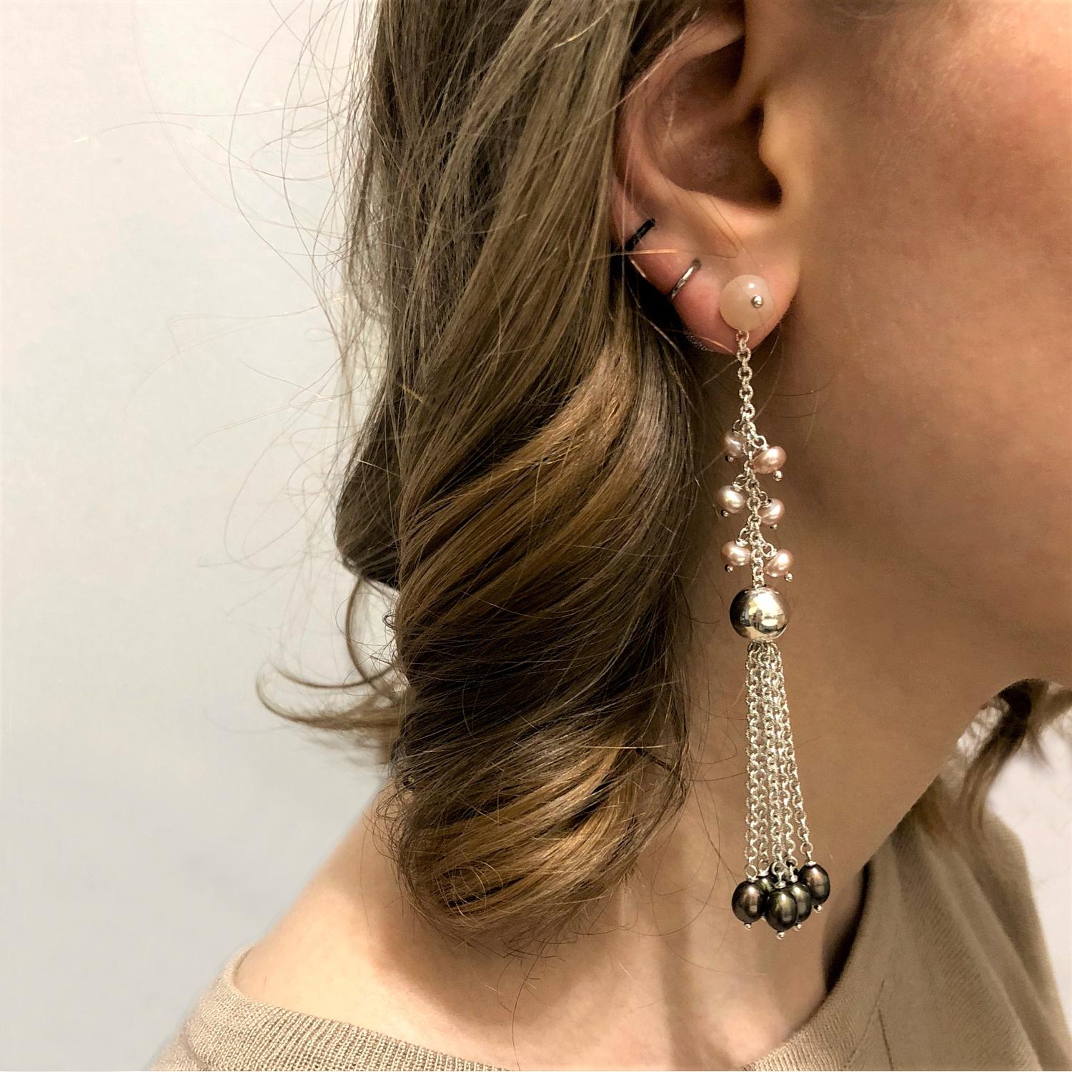 Round Cut Rock Lily ( NEW )Cultured Pearl & Moonstone Detachable Tassel Stud Drop Earrings For Sale