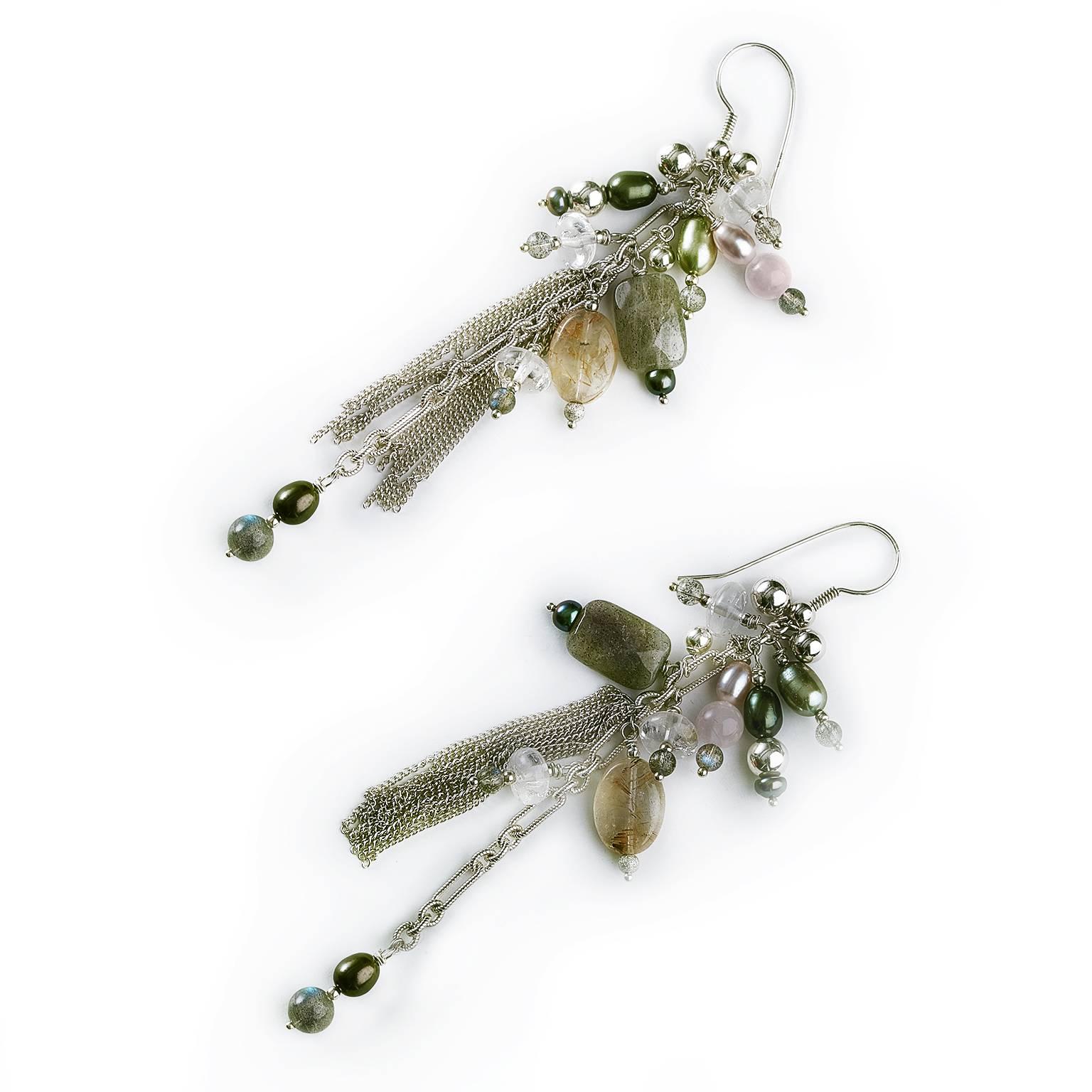 The beaded earrings composed in the sterling silver chain with playfully mixed labradorite rose and rutilated quartz, white quartz  roundels, accented multisize sterling silver beads and colored freshwater pearls, set on a silver hook wire. Have a