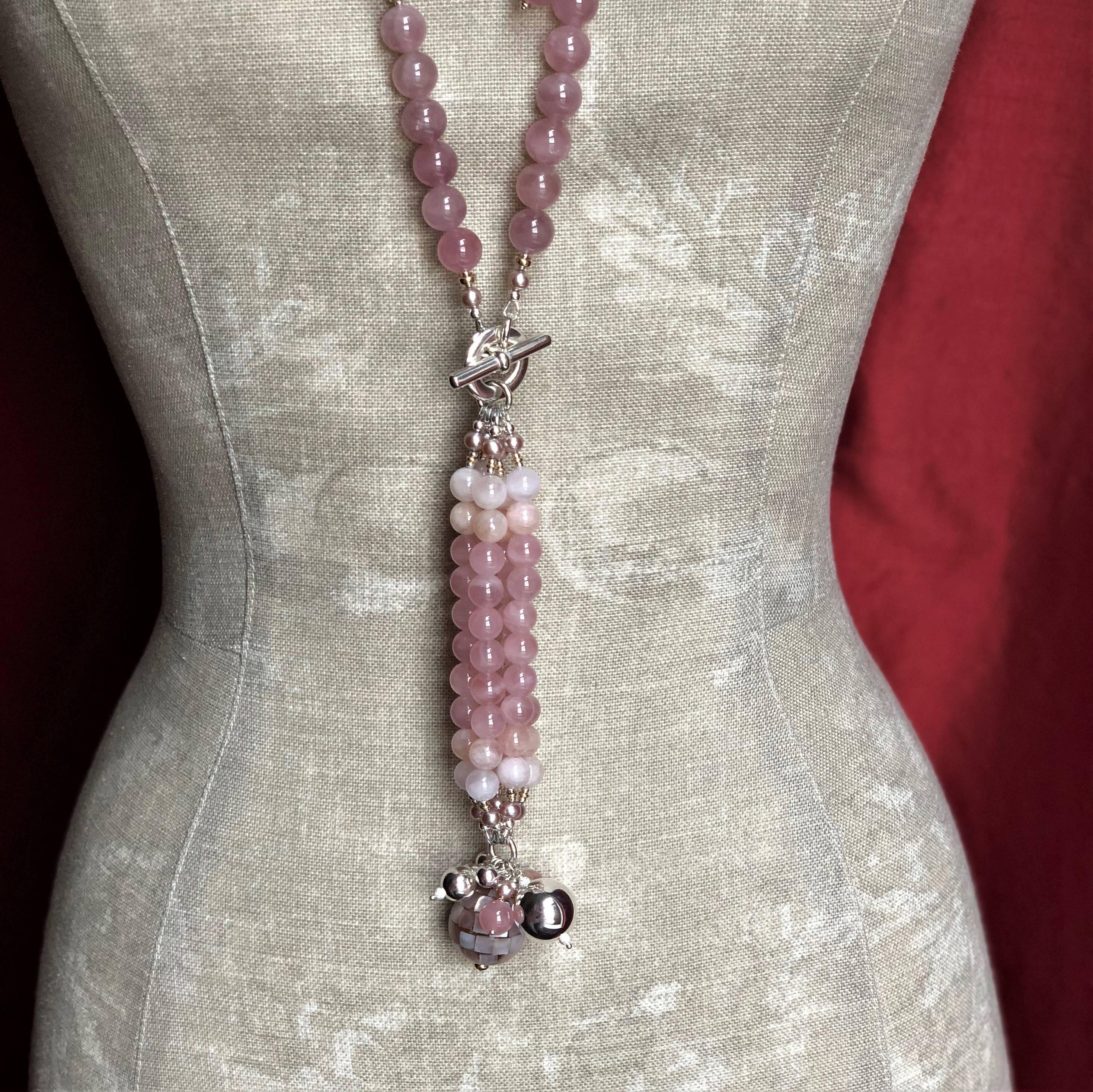 Rock Lily ( NEW )Madagascar Rose Quartz Morganite Tasseled Necklace 14K & Silver For Sale 2