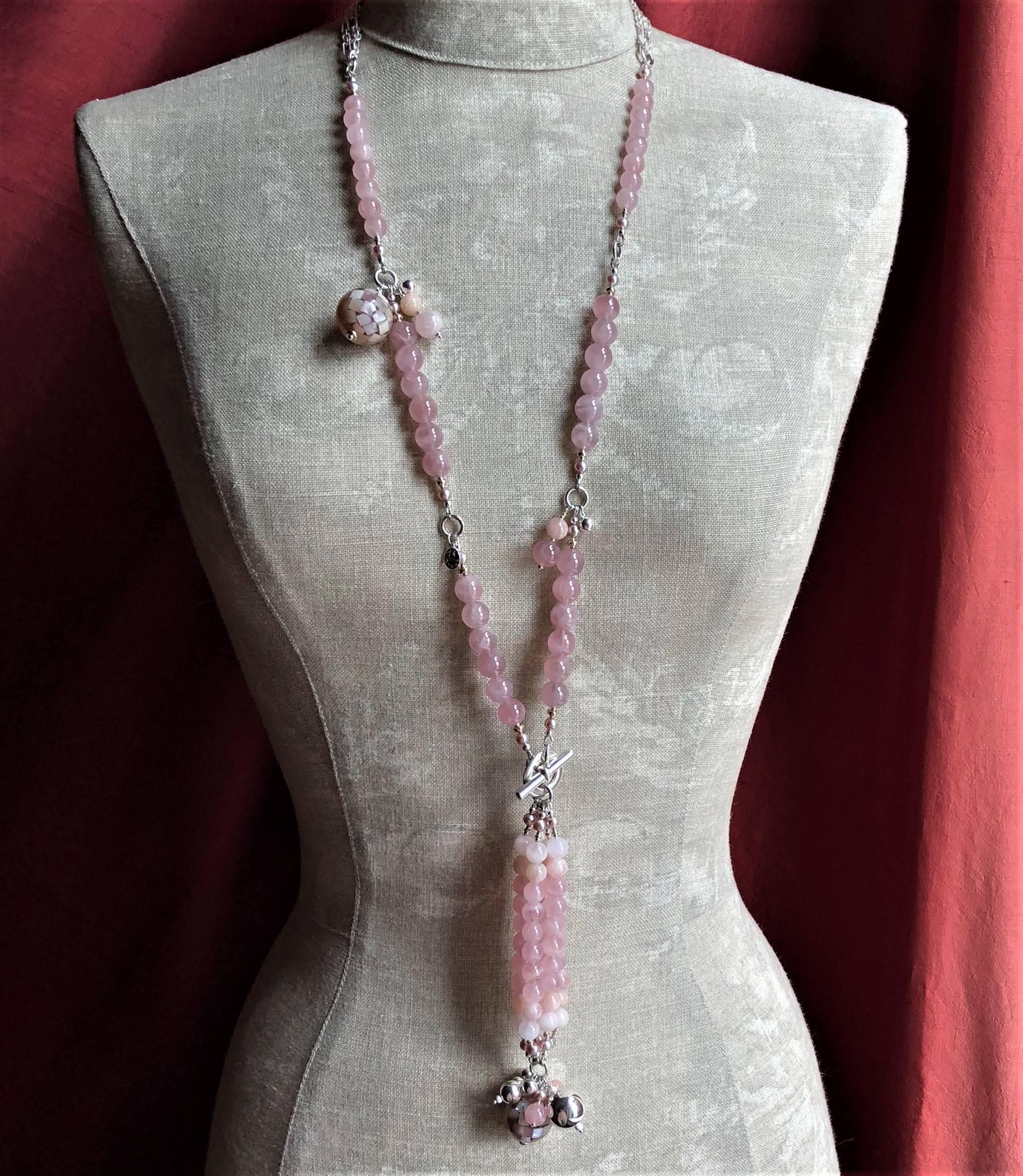 Rock Lily ( NEW )Madagascar Rose Quartz Morganite Tasseled Necklace 14K & Silver For Sale 3