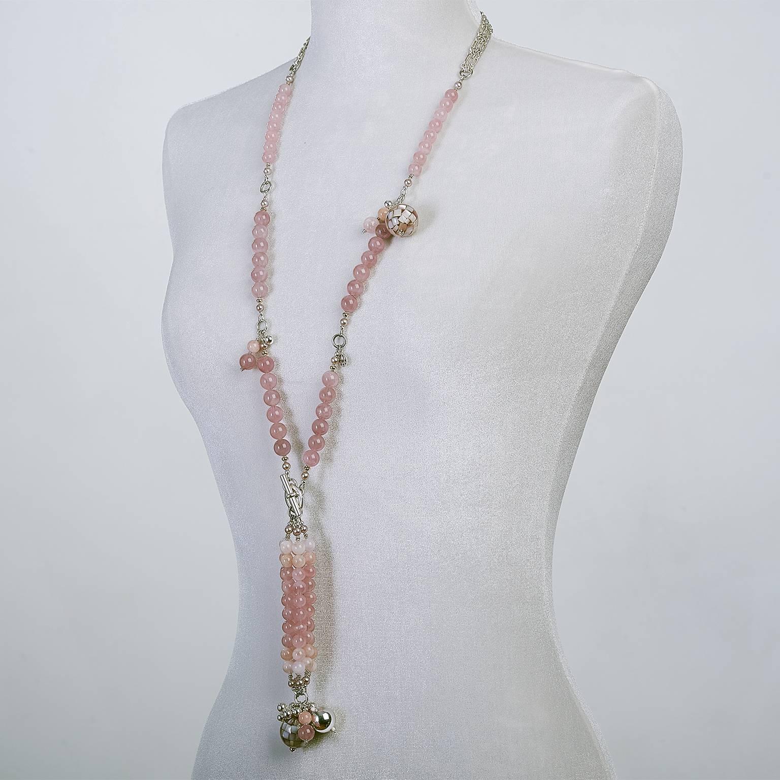 Contemporary Rock Lily ( NEW )Madagascar Rose Quartz Morganite Tasseled Necklace 14K & Silver For Sale