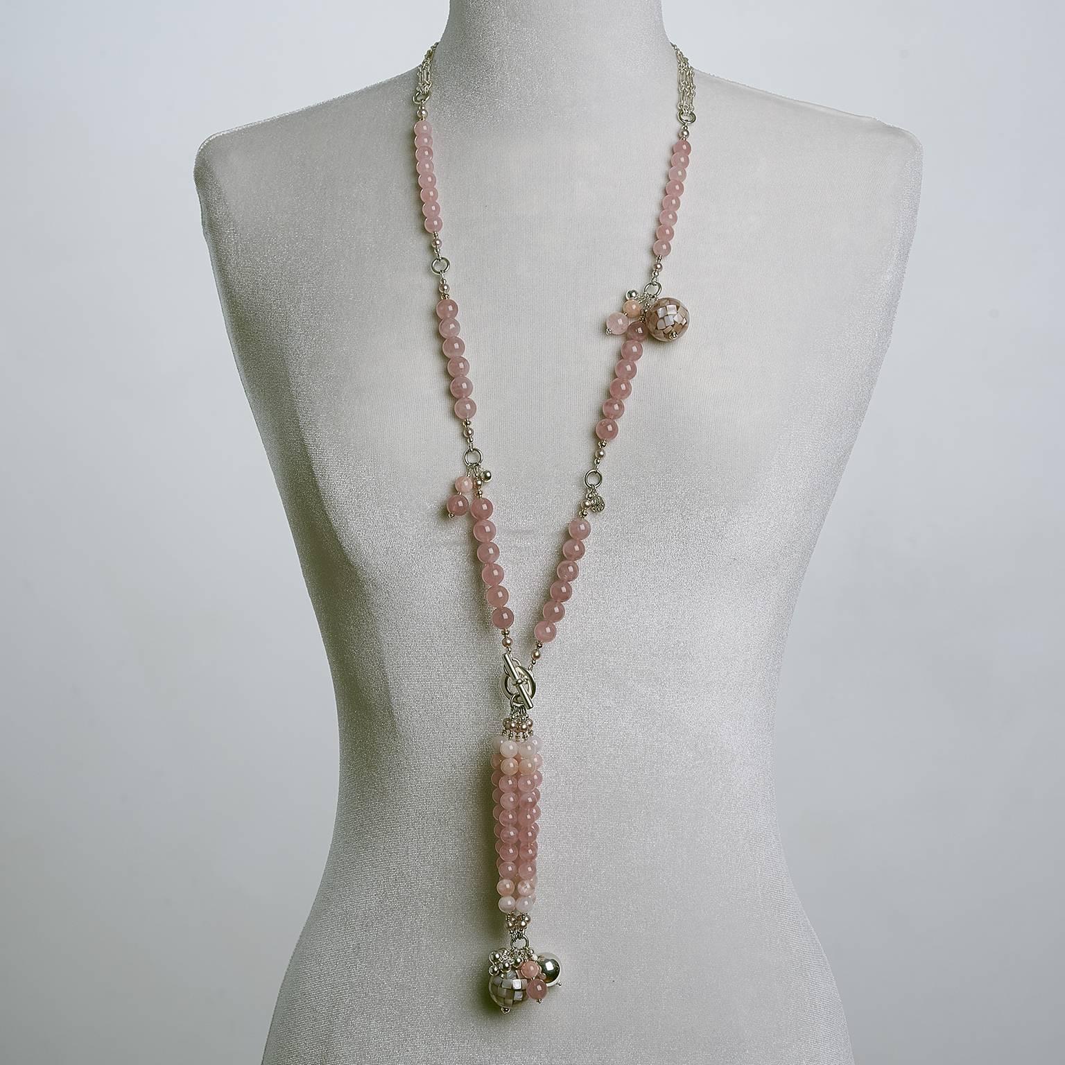 Round Cut Rock Lily ( NEW )Madagascar Rose Quartz Morganite Tasseled Necklace 14K & Silver For Sale