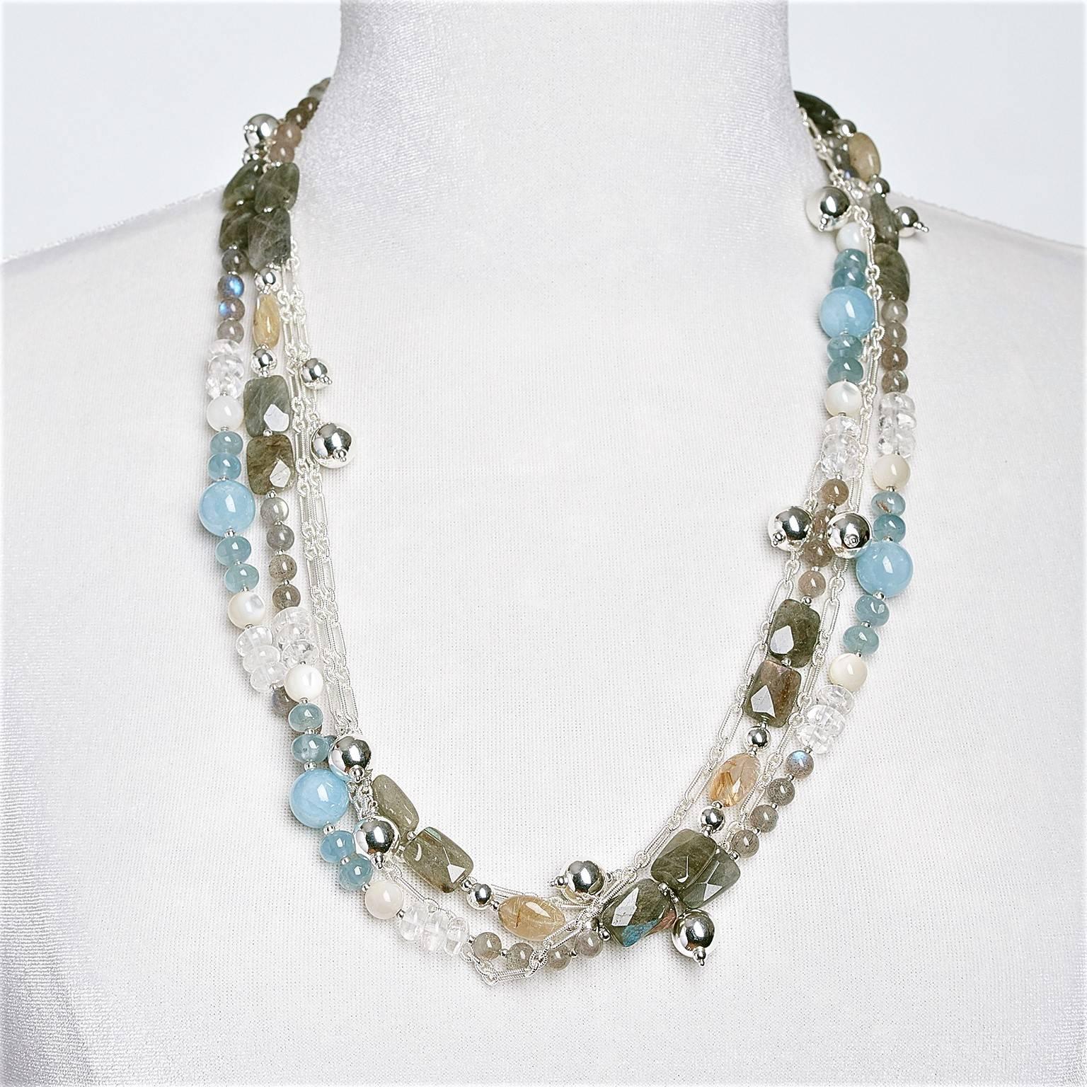 Round Cut Rock Lily ( NEW ) Beaded Aquamarine Rutile Multicolored Re-Attachable Necklace For Sale