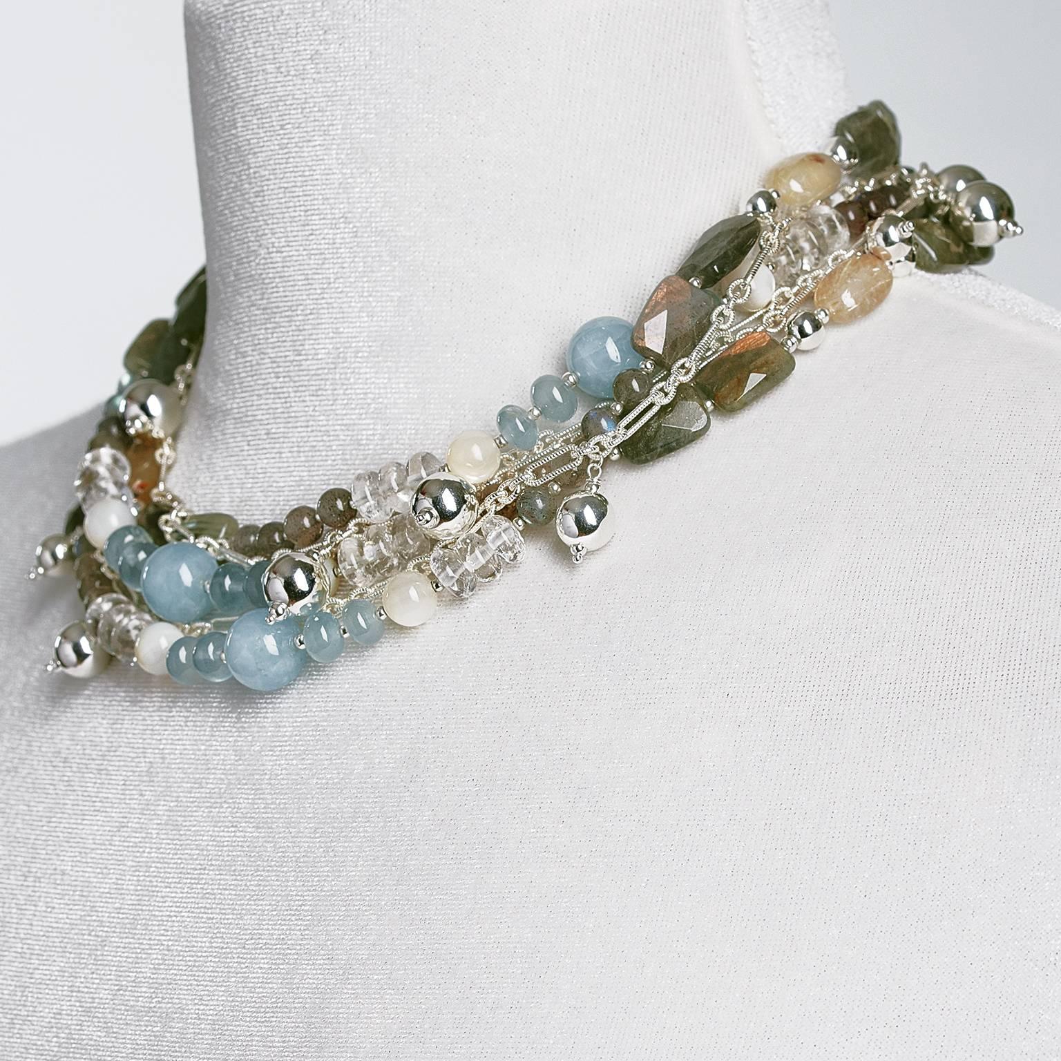 Contemporary Rock Lily ( NEW ) Beaded Aquamarine Rutile Multicolored Re-Attachable Necklace For Sale