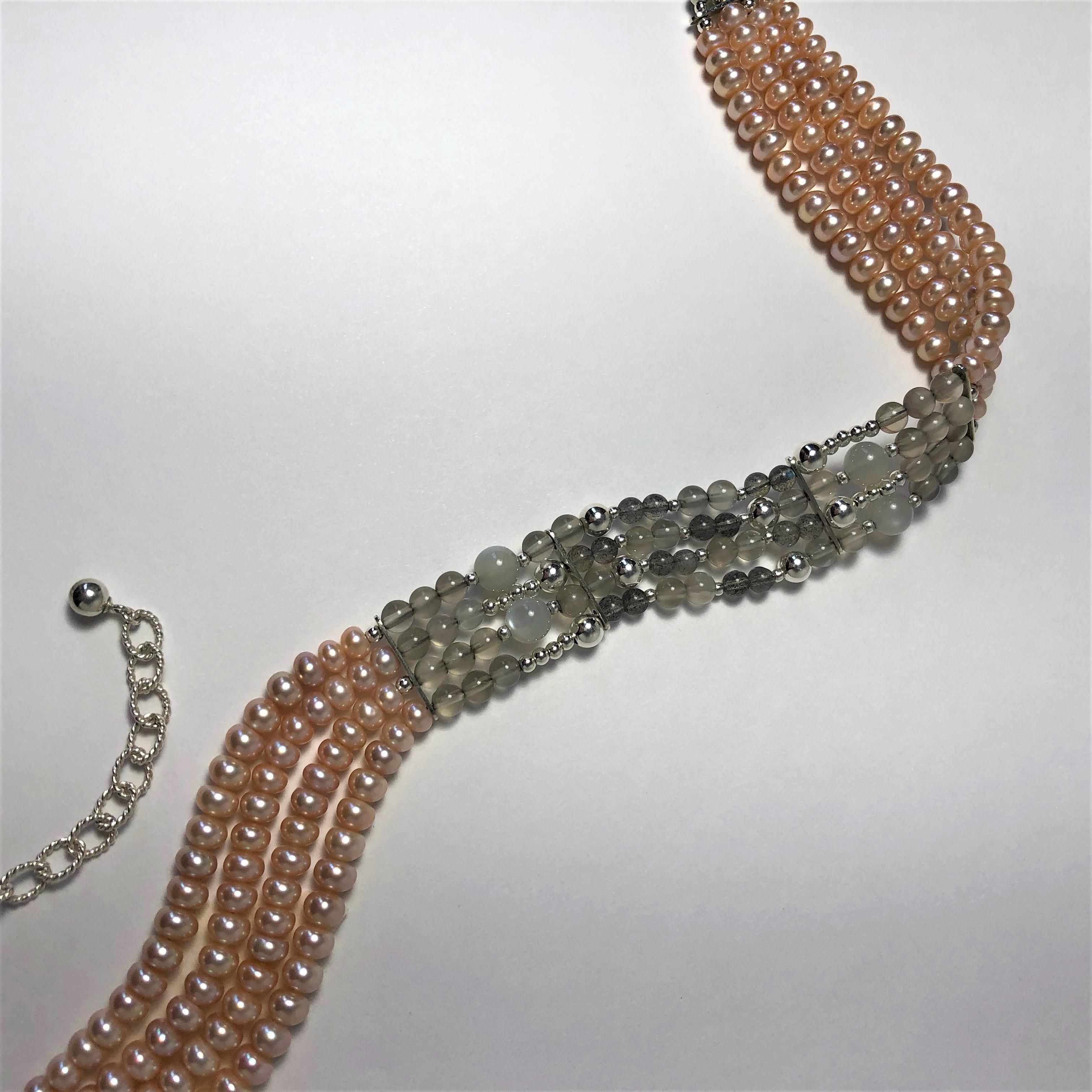 Round Cut Rock Lily ( NEW ) Peach Pearl Moonstone Labradorite Four Strand Choker in Silver For Sale