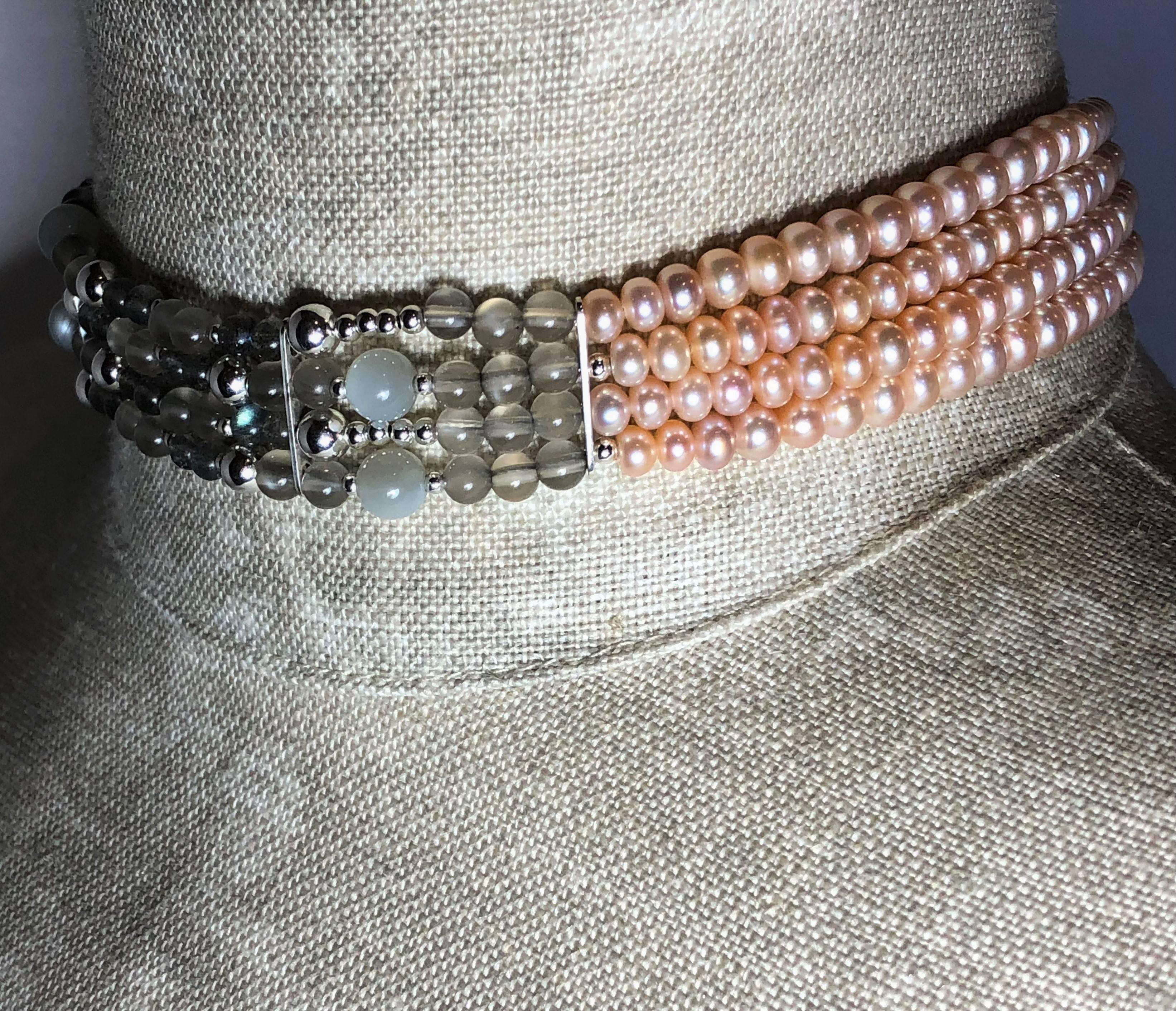 Rock Lily ( NEW ) Peach Pearl Moonstone Labradorite Four Strand Choker in Silver For Sale 4