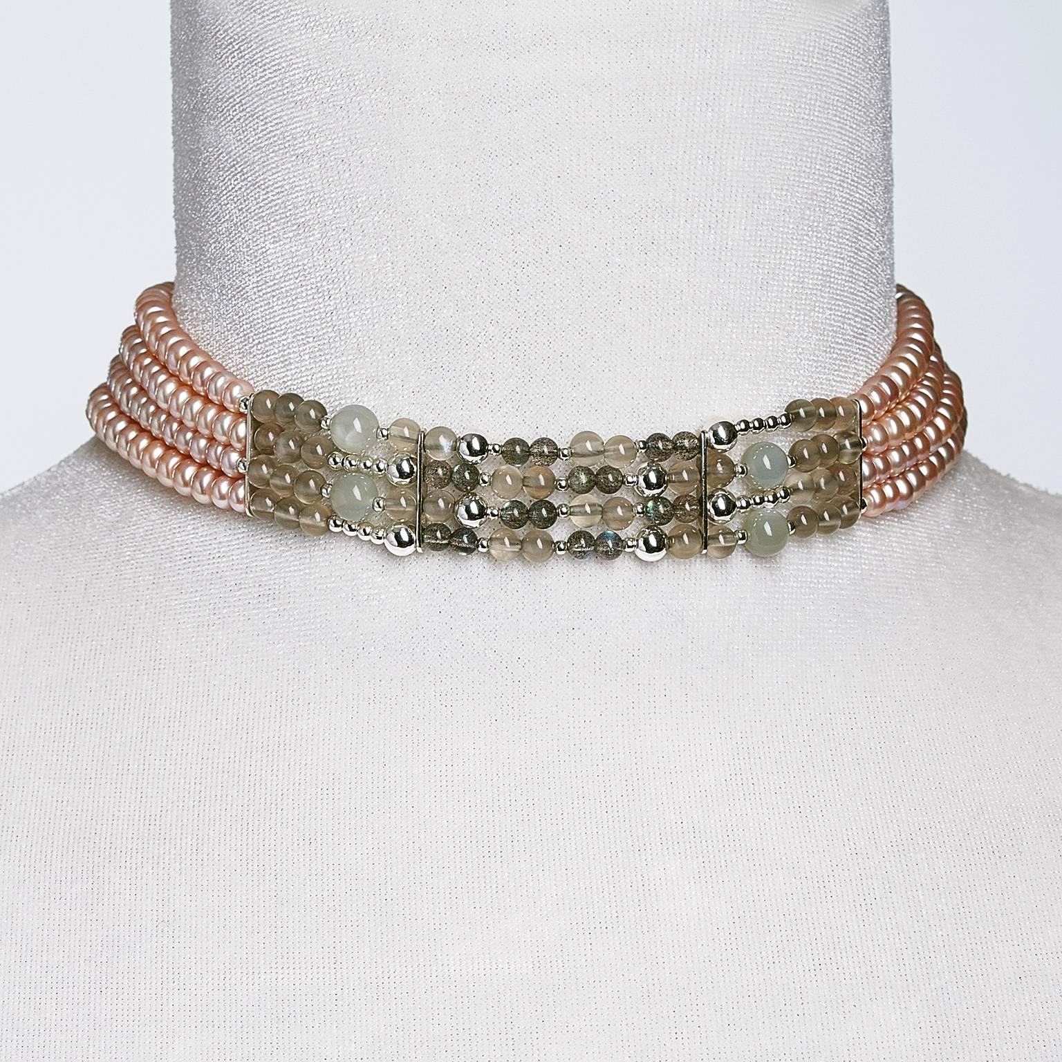 Rock Lily ( NEW ) Peach Pearl Moonstone Labradorite Four Strand Choker in Silver For Sale 5