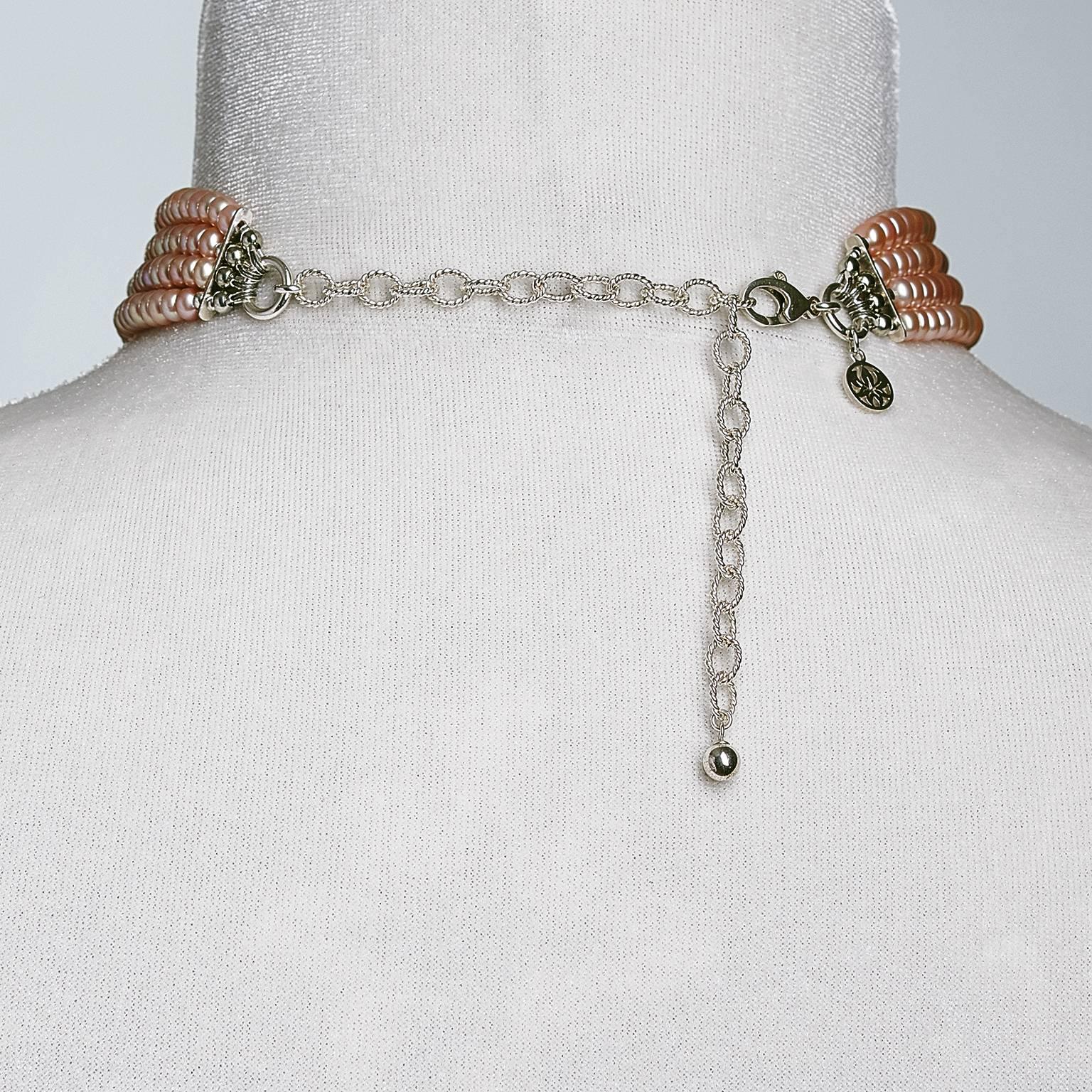 Rock Lily ( NEW ) Peach Pearl Moonstone Labradorite Four Strand Choker in Silver For Sale 6