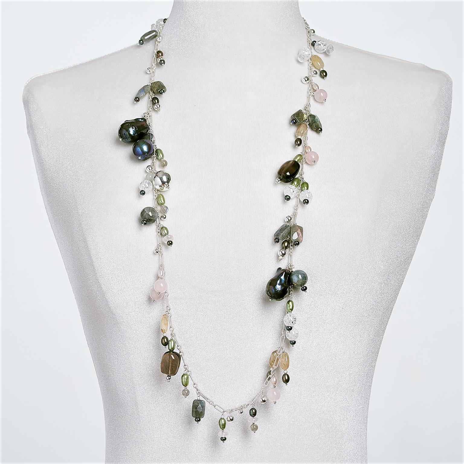 Rock Lily ( NEW ) Cultured Black Baroque Pearl Multicolored Opera Drop Necklace For Sale 2