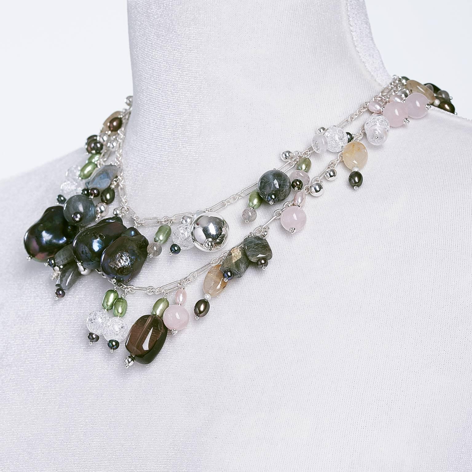Round Cut Rock Lily ( NEW ) Cultured Black Baroque Pearl Multicolored Opera Drop Necklace For Sale